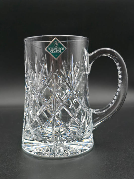 Vintage Cut Crystal Pint Tankard | Star Cut Base | Textured Handle | 14cm Tall | British Crystal Beer Mug | Gift for Him