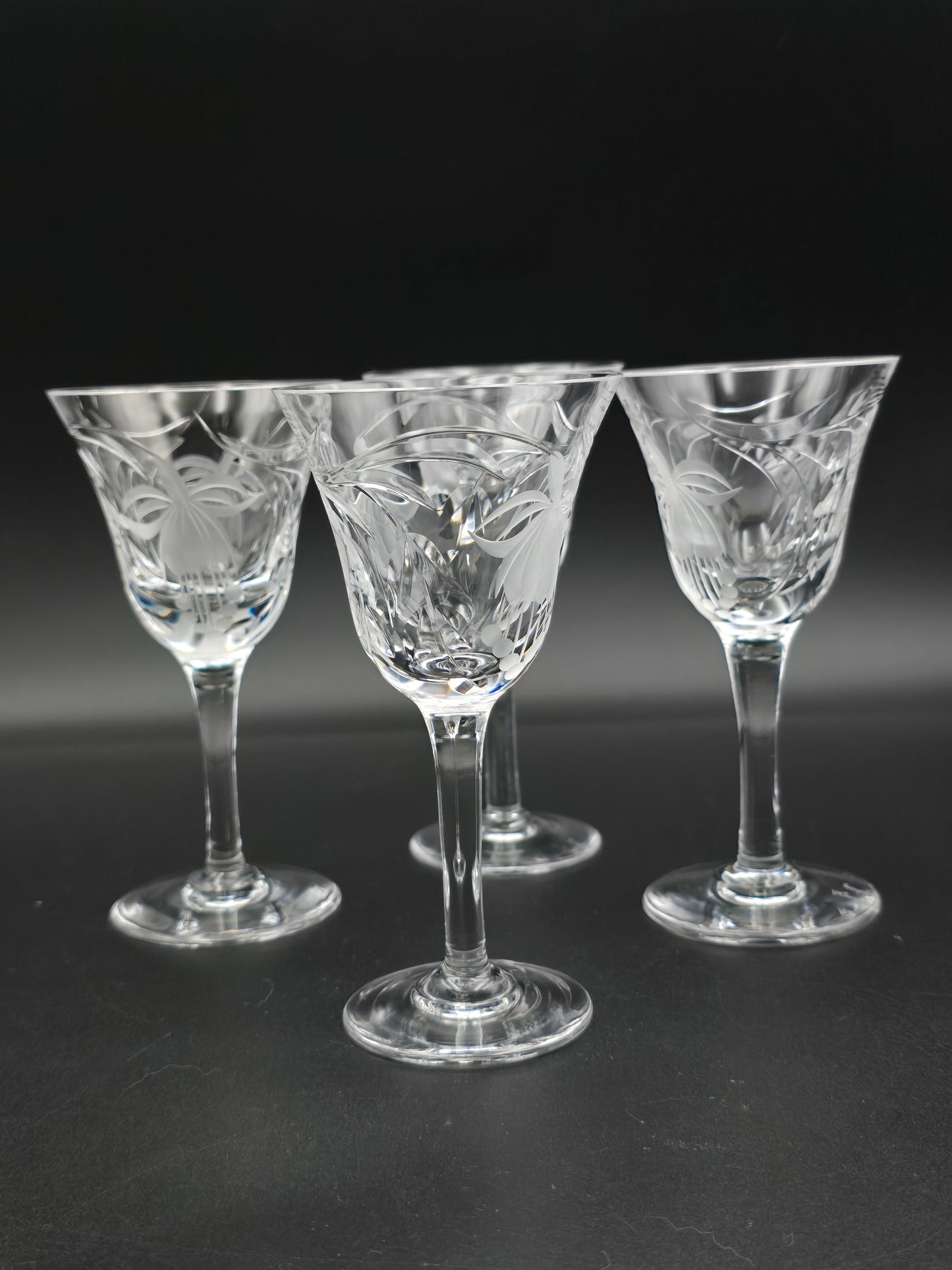 Set of 4 Royal Brierley Fuchsia Pattern Crystal Sherry or Port Glasses – 80ml – Signed, Heavy, Vintage English Crystal