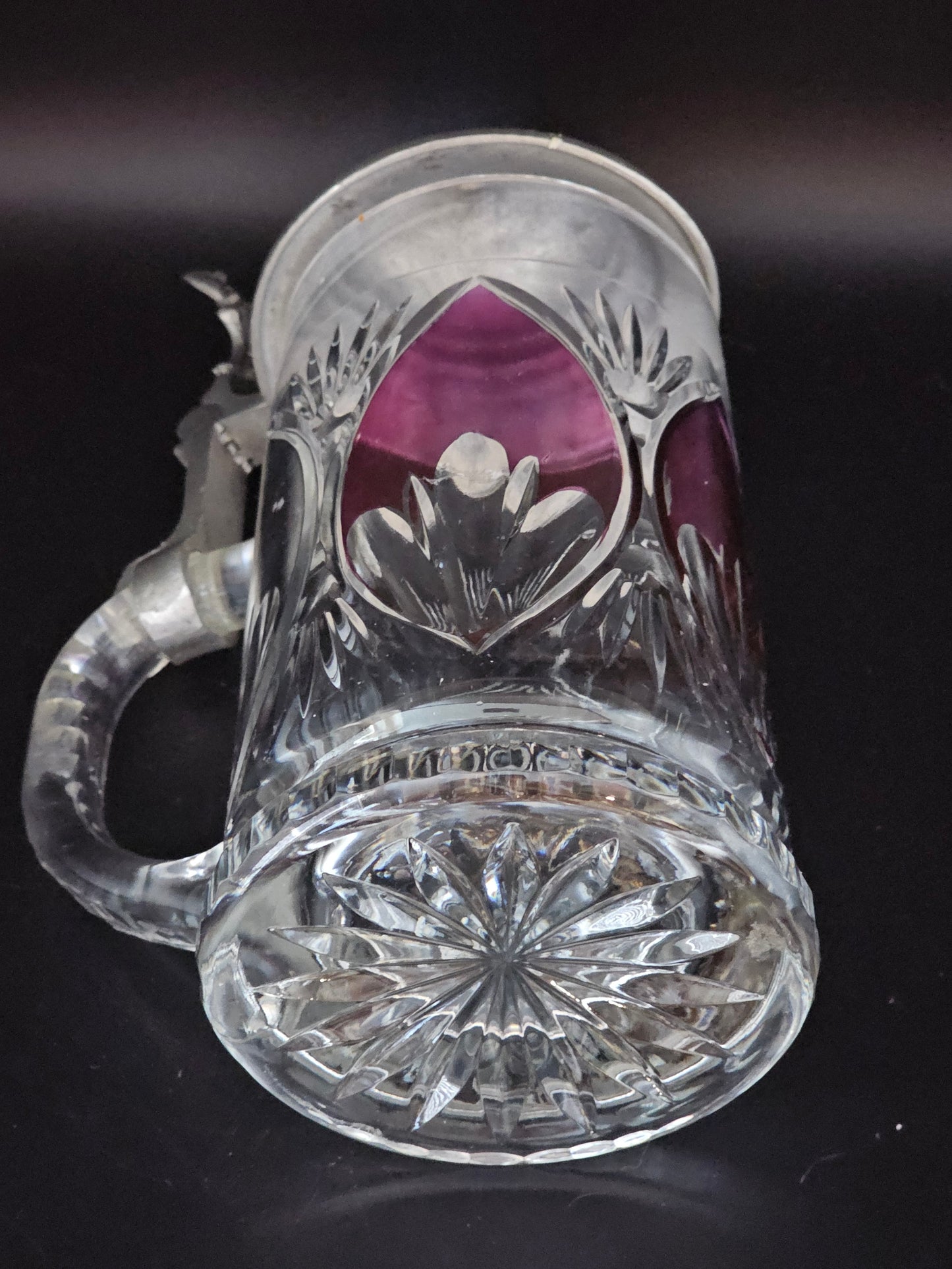 Crystal Beer Stein with Pewter Lid & Purple decoration