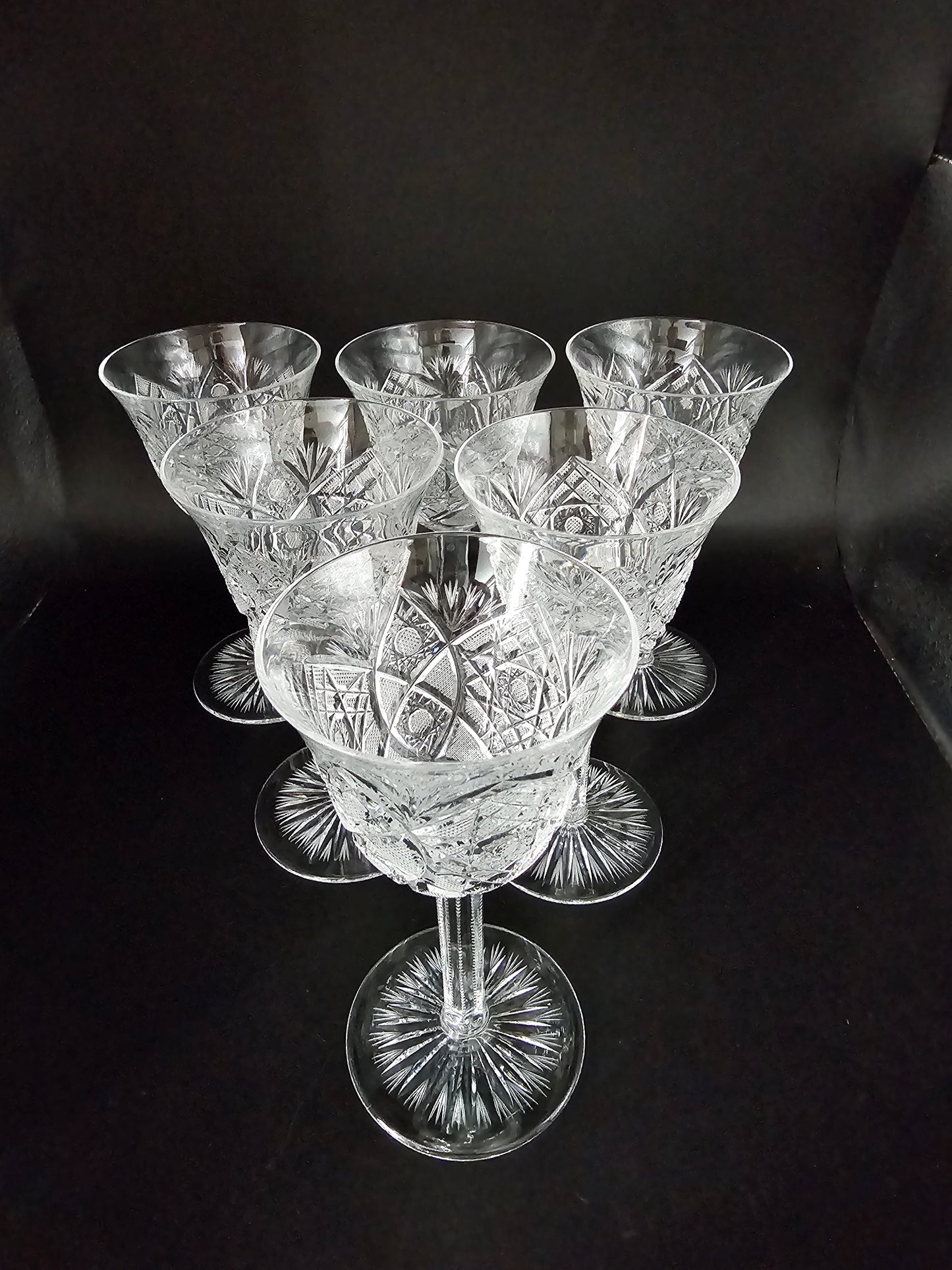 Vintage Set of Six Beautiful Czech Bohemian Clear Cut Crystal Wine or Sherry Glasses. 100ml. 14cm