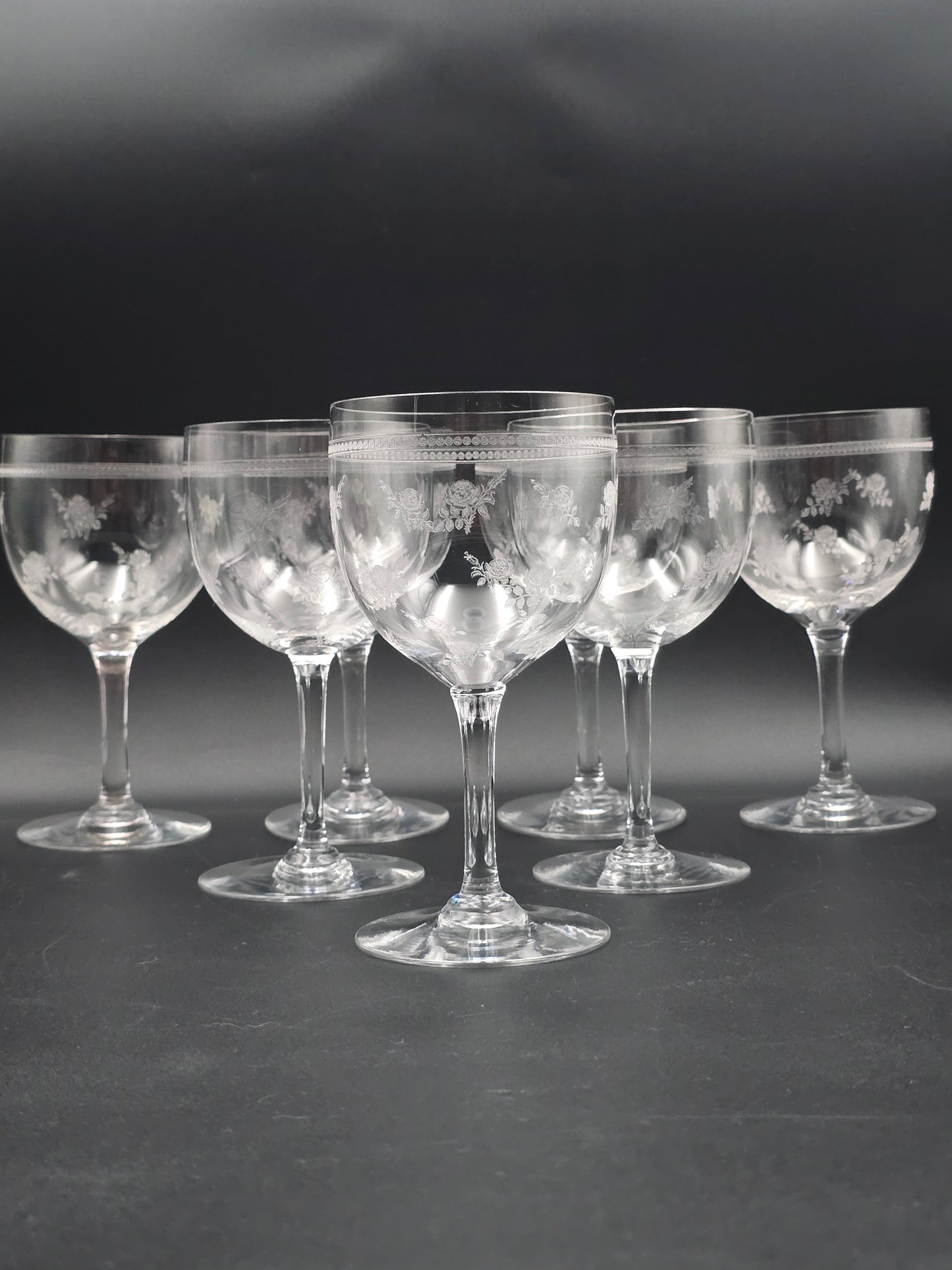 Antique Baccarat “Seme de Roses” Crystal Wine Glasses – Set of 7 Large 350ml Etched Rose Pattern Goblets c.1900 France