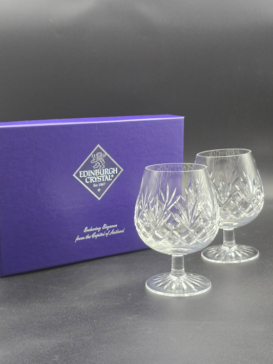 Pair of Edinburgh Crystal Tay Pattern Brandy Glasses – 12oz – Signed, in Original Satin-Lined Box – 13cm Tall – Vintage Scottish Crystal
