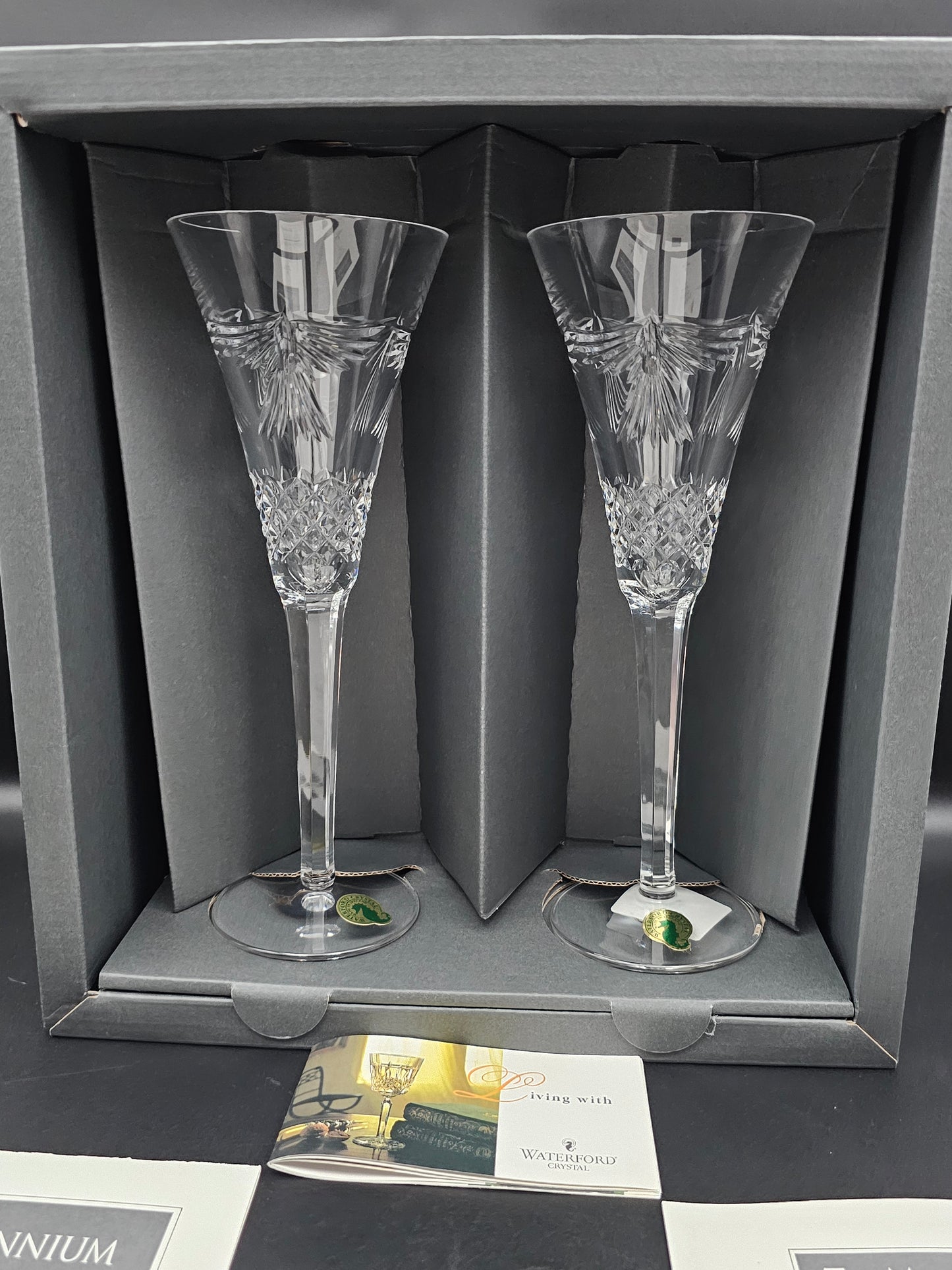 Waterford Crystal The Millennium Collection a toast to the Year 2000 Toasting Flutes Pair. Fifth Toast Peace