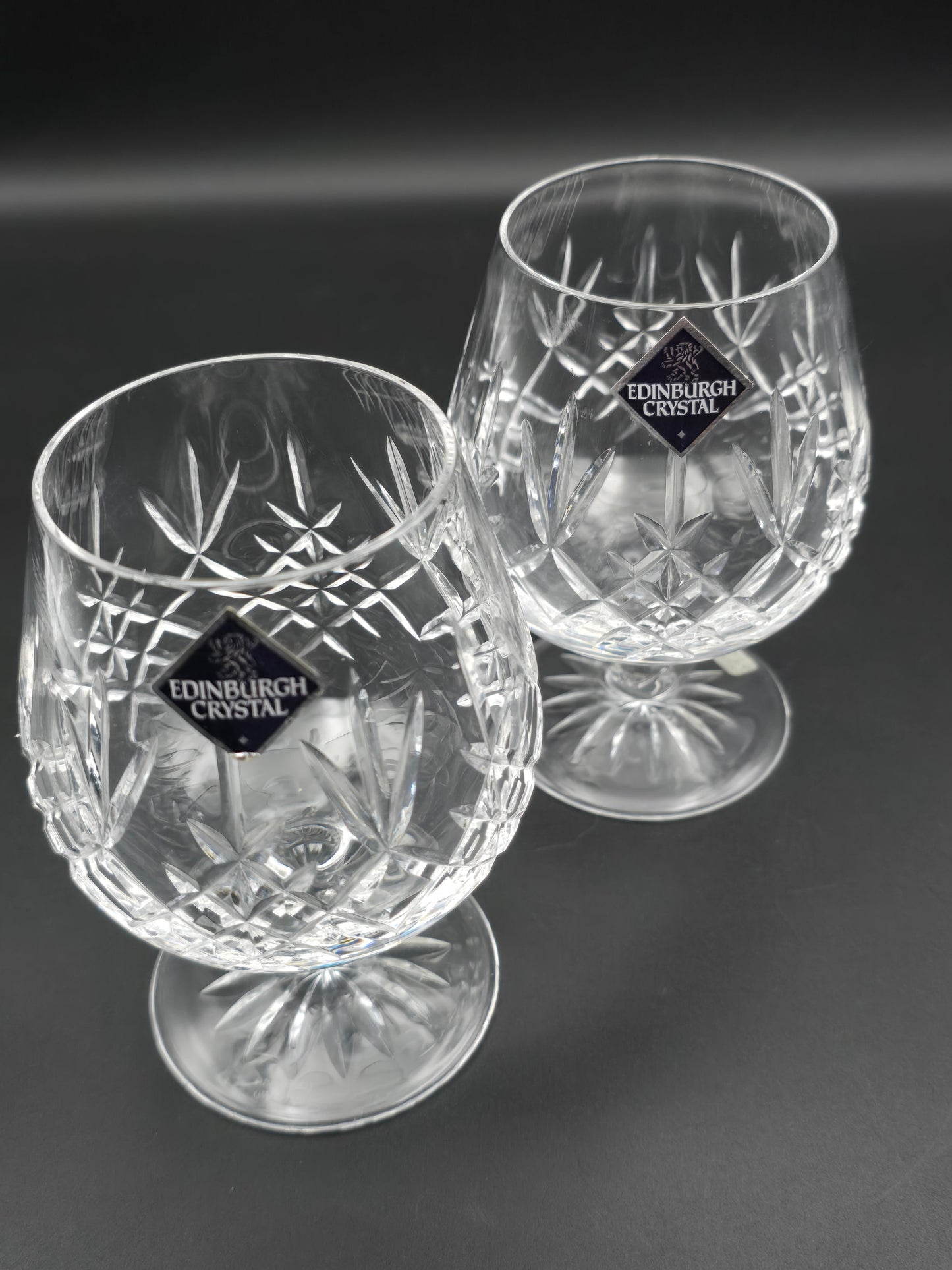 Pair of Edinburgh Crystal Lomond Pattern Crystal Brandy glasses 12oz