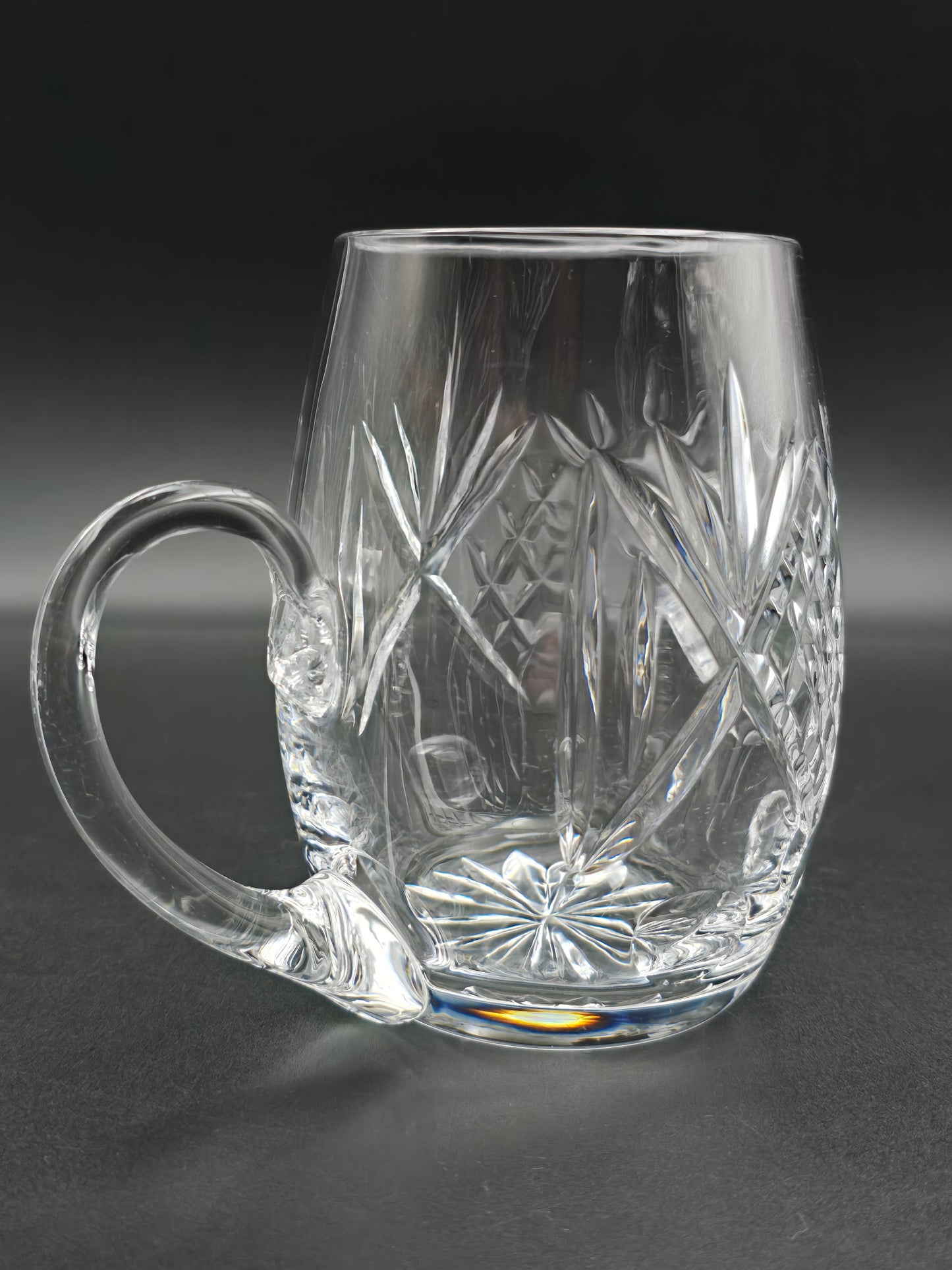 Vintage Oval Crystal Beer Tankard – Cut Glass with Star Base, Flutes & Cross Hatch – Heavy Unmarked Barware