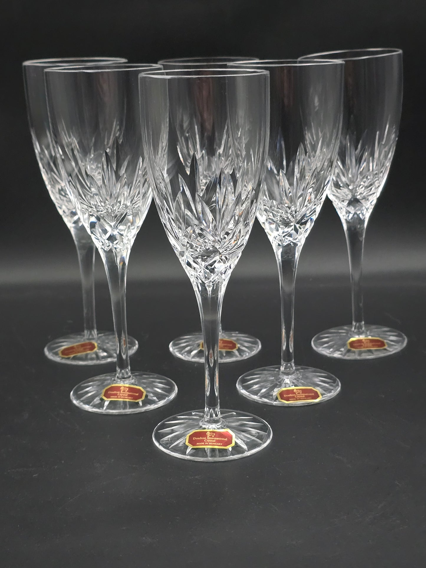 Set of 6 Royal Doulton International Crystal Champagne Flutes. Boxed 150ml.  18.5cm tall.