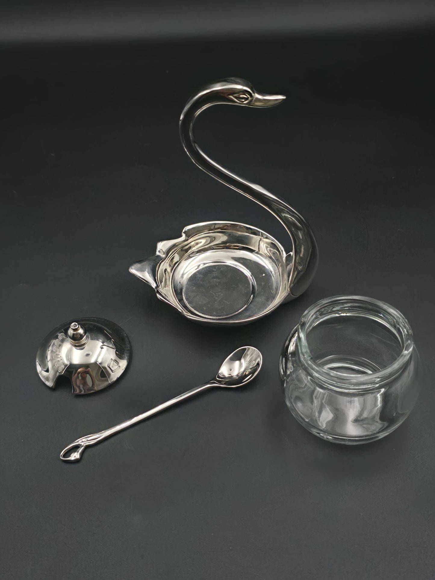 Vintage Chrome Swan Sugar Bowl with Spoon – Glass Insert – Art Deco Style Condiment Dish