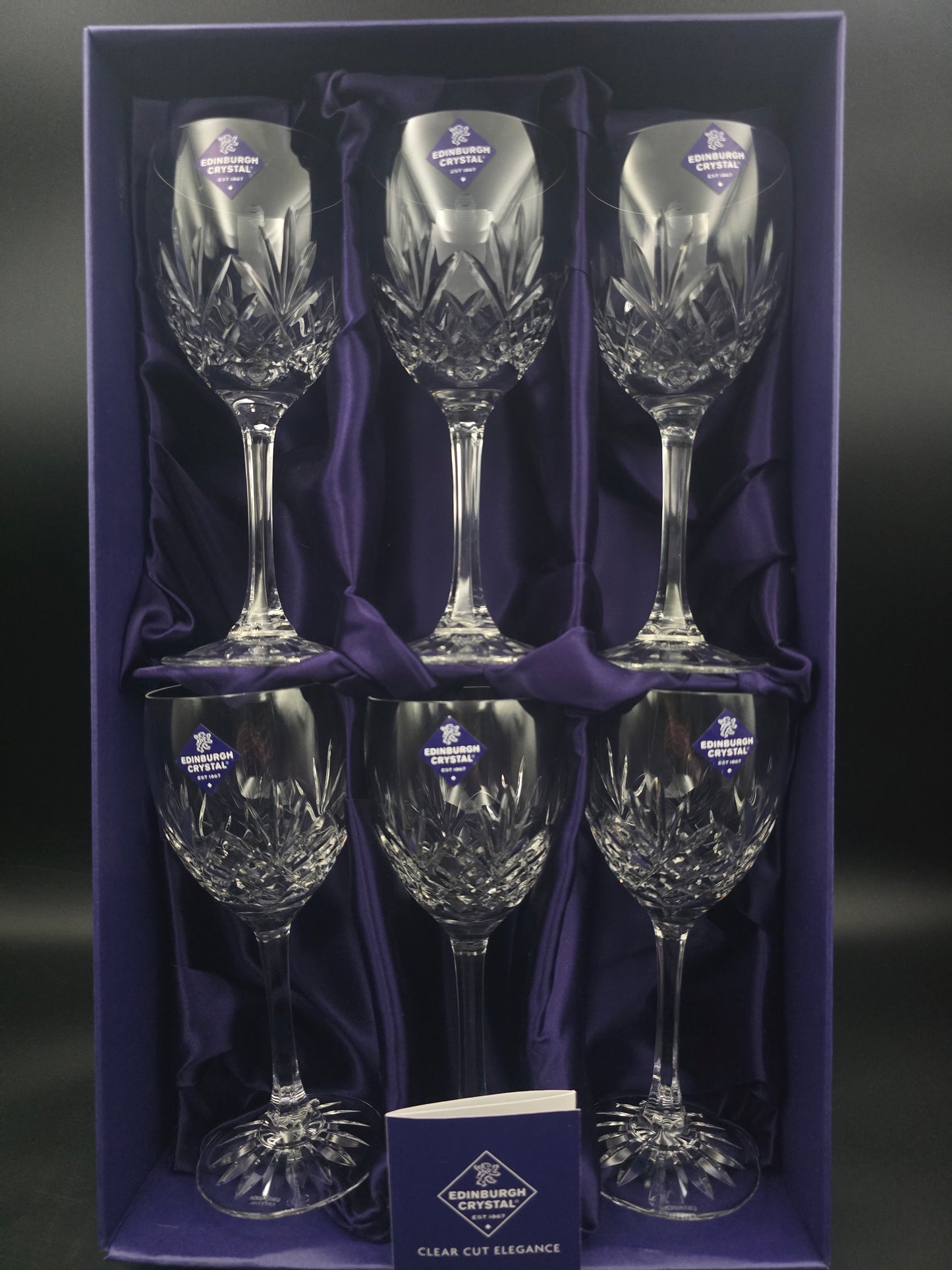 Set of 6 Edinburgh Crystal Tay Wine Glasses 275ml – Boxed, Unused, With Stickers – Textured Stem, Star Cut Base – 19cm Tall