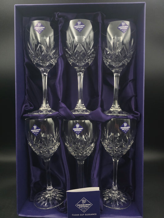 Set of 6 Edinburgh Crystal Tay Wine Glasses 275ml – Boxed, Unused, With Stickers – Textured Stem, Star Cut Base – 19cm Tall