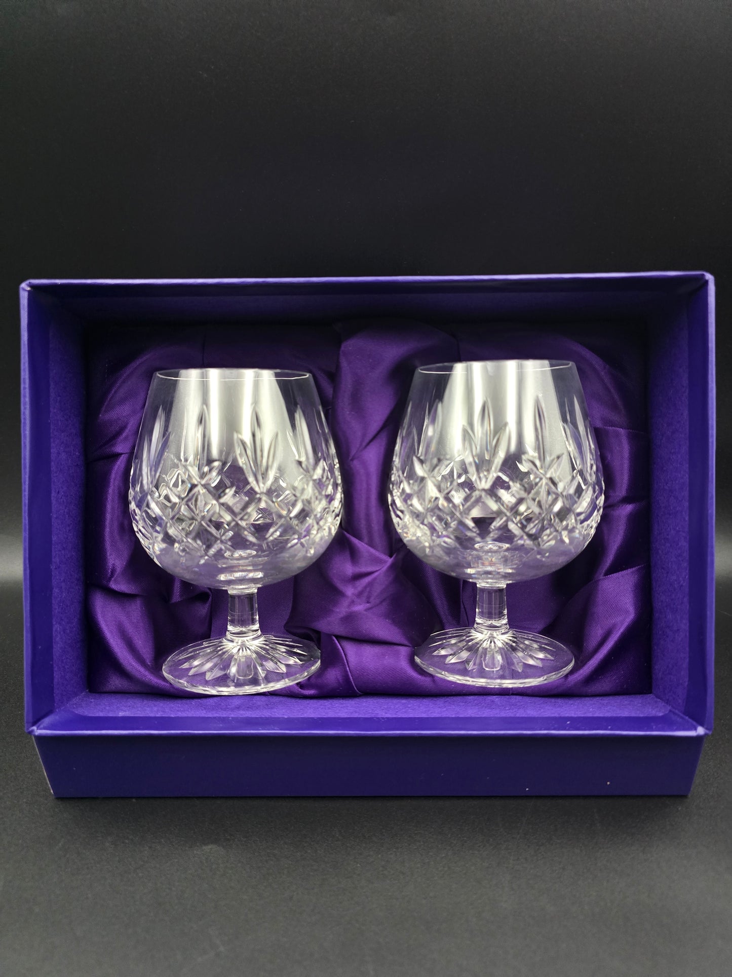 Pair of Vintage Edinburgh Crystal Lomond Pattern Brandy Glasses 12oz, Star Cut Base, Boxed, 12.7cm Tall