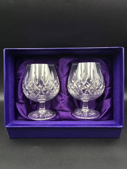 Pair of Vintage Edinburgh Crystal Lomond Pattern Brandy Glasses 12oz, Star Cut Base, Boxed, 12.7cm Tall