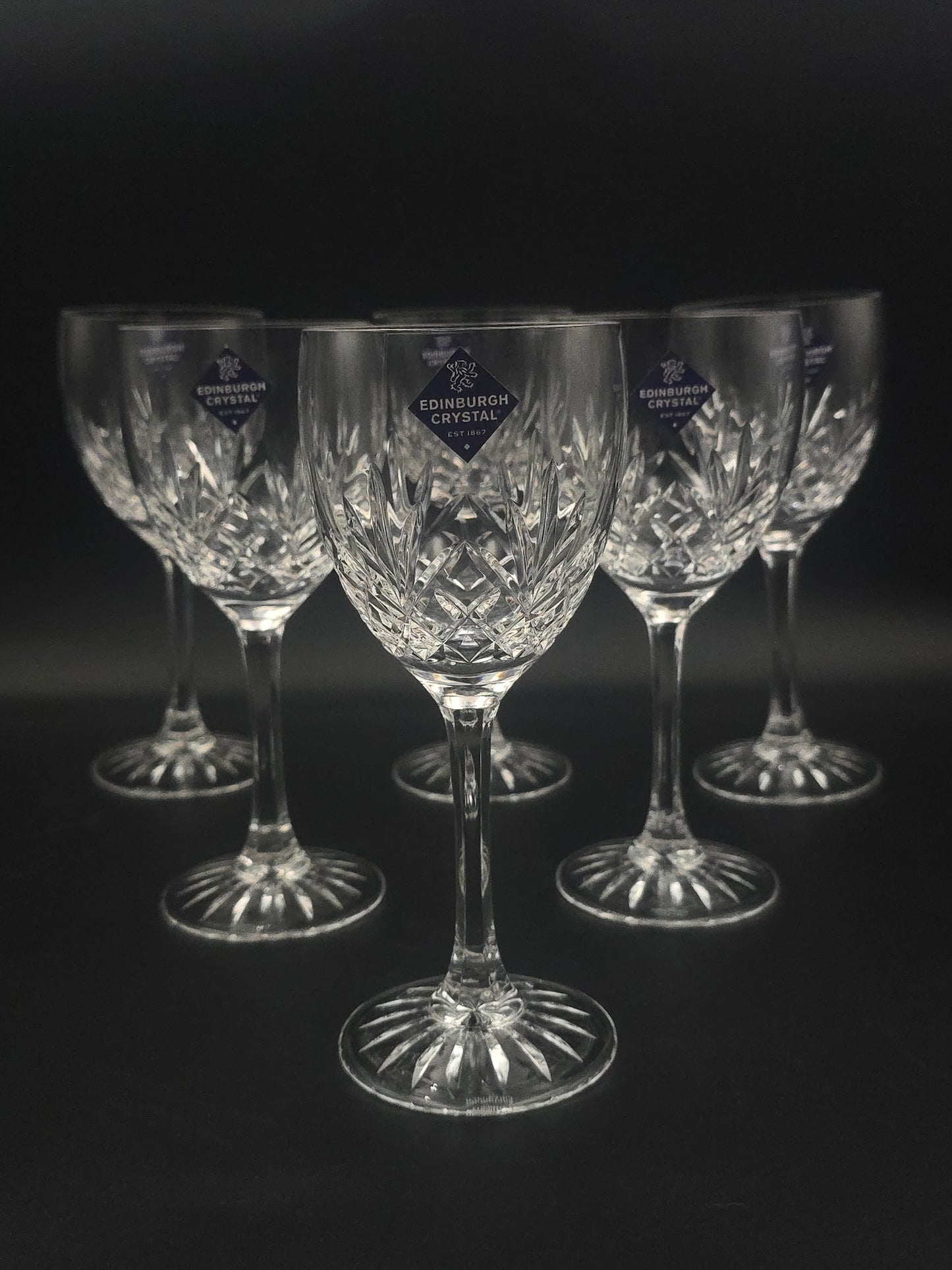 Set of 6 Edinburgh Crystal Tay Wine Glasses 275ml – Boxed, Unused, With Stickers – Textured Stem, Star Cut Base – 19cm Tall