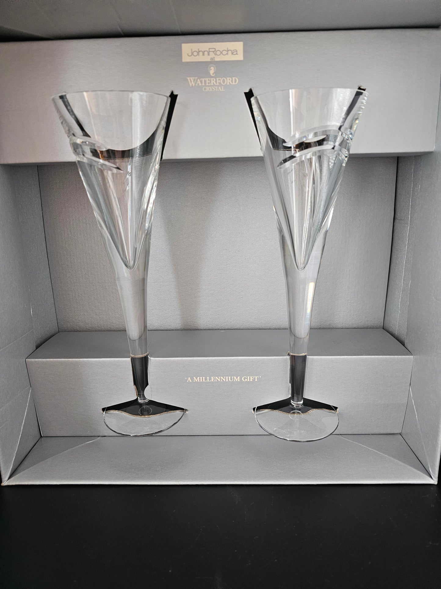 Waterford Crystal Limited Edition Champagne Flutes. John Rocha Millennium MM. Boxed.