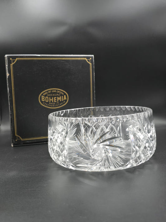 Bohemia 8-Inch Hand-Cut Lead Crystal Fruit Bowl | Pinwheel Pattern | Star Base | Boxed | Made in Czech Republic | Heavy Crystal