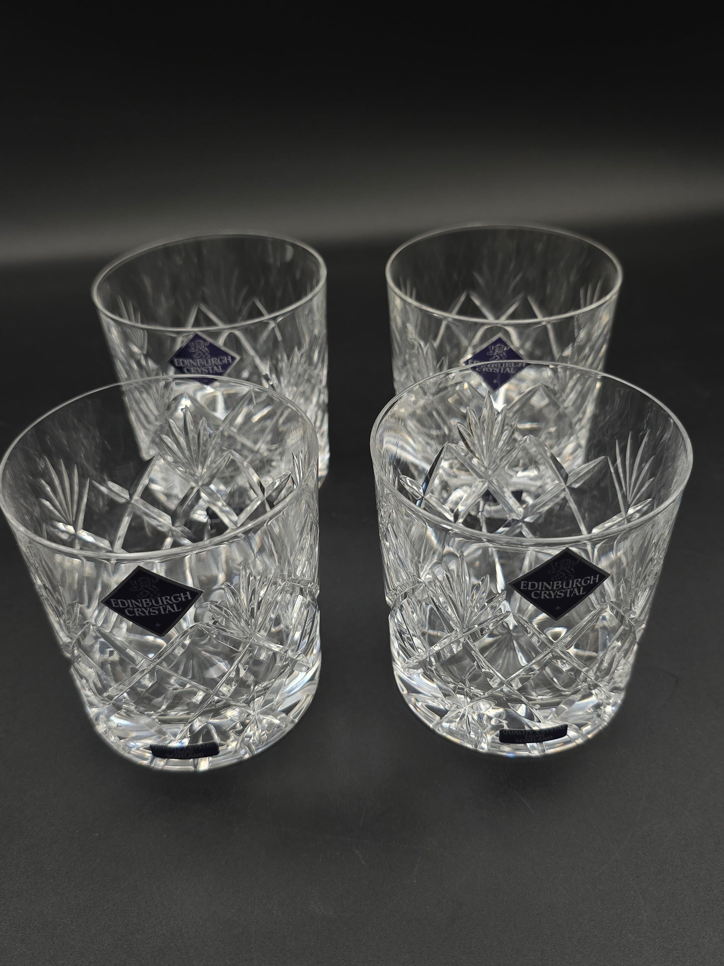Set of 4 Edinburgh Crystal Kelso 10 oz Tumblers – Star‑Pattern Base, Boxed & Stickered, Scottish Cut Glass