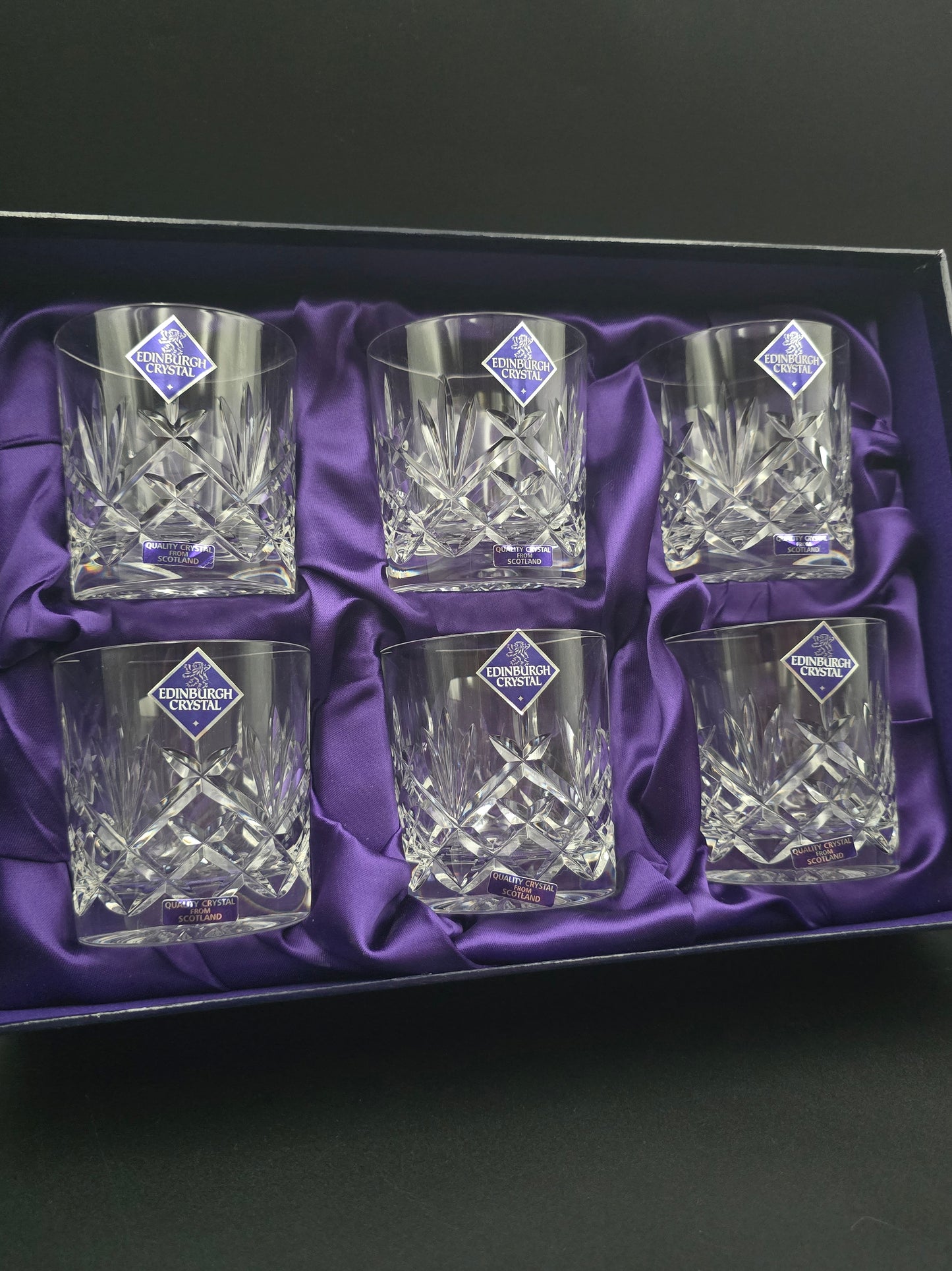 Boxed Set of 6 Edinburgh Crystal Tumblers – 7oz | Fan & Leaf Cut | Star Base | Satin-Lined Case | Scotland c.1990s–2000s