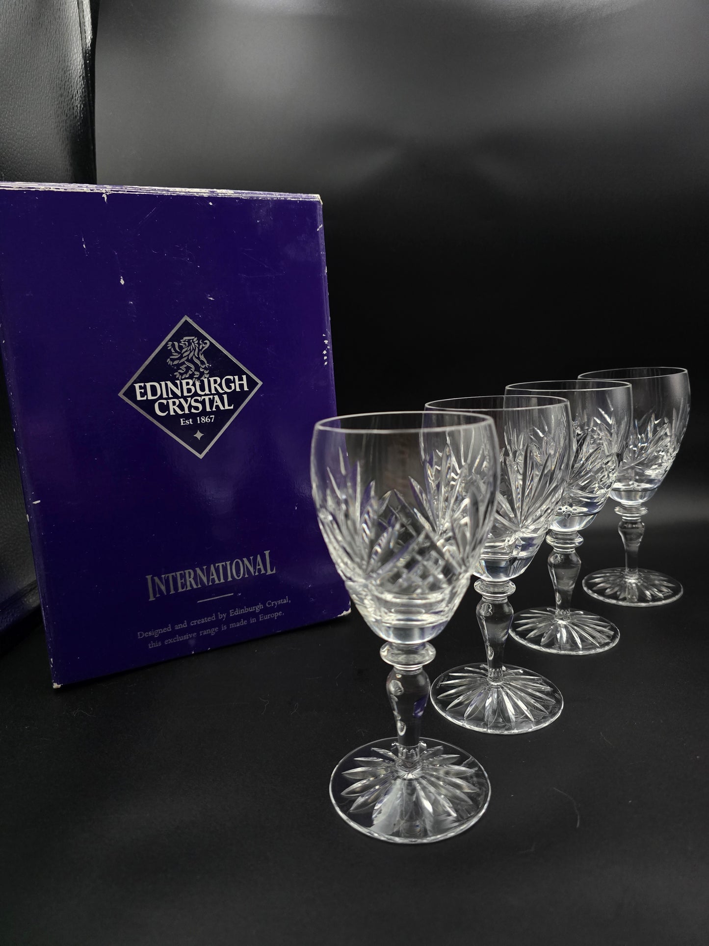 Set of 4 Edinburgh Crystal Sterling Pattern Wine Glasses 200ml – Knopped Stem, Star Base, Original Box