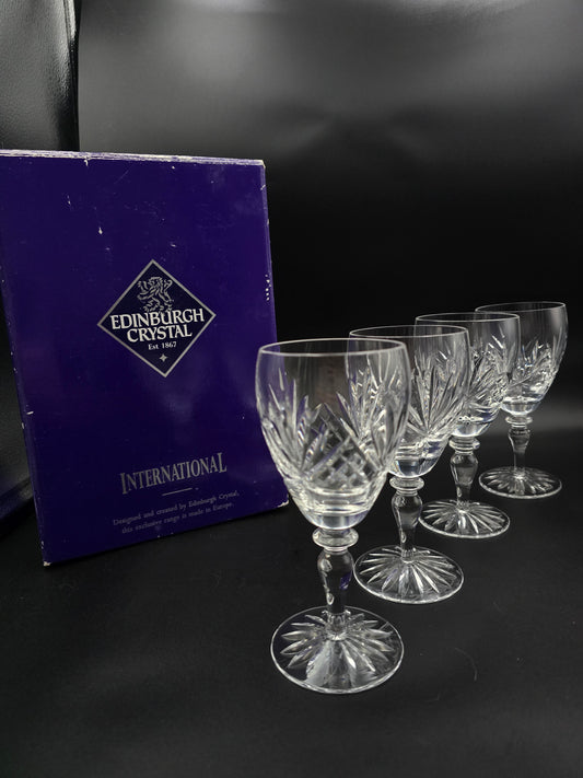 Set of 4 Edinburgh Crystal Sterling Pattern Wine Glasses 200ml – Knopped Stem, Star Base, Original Box