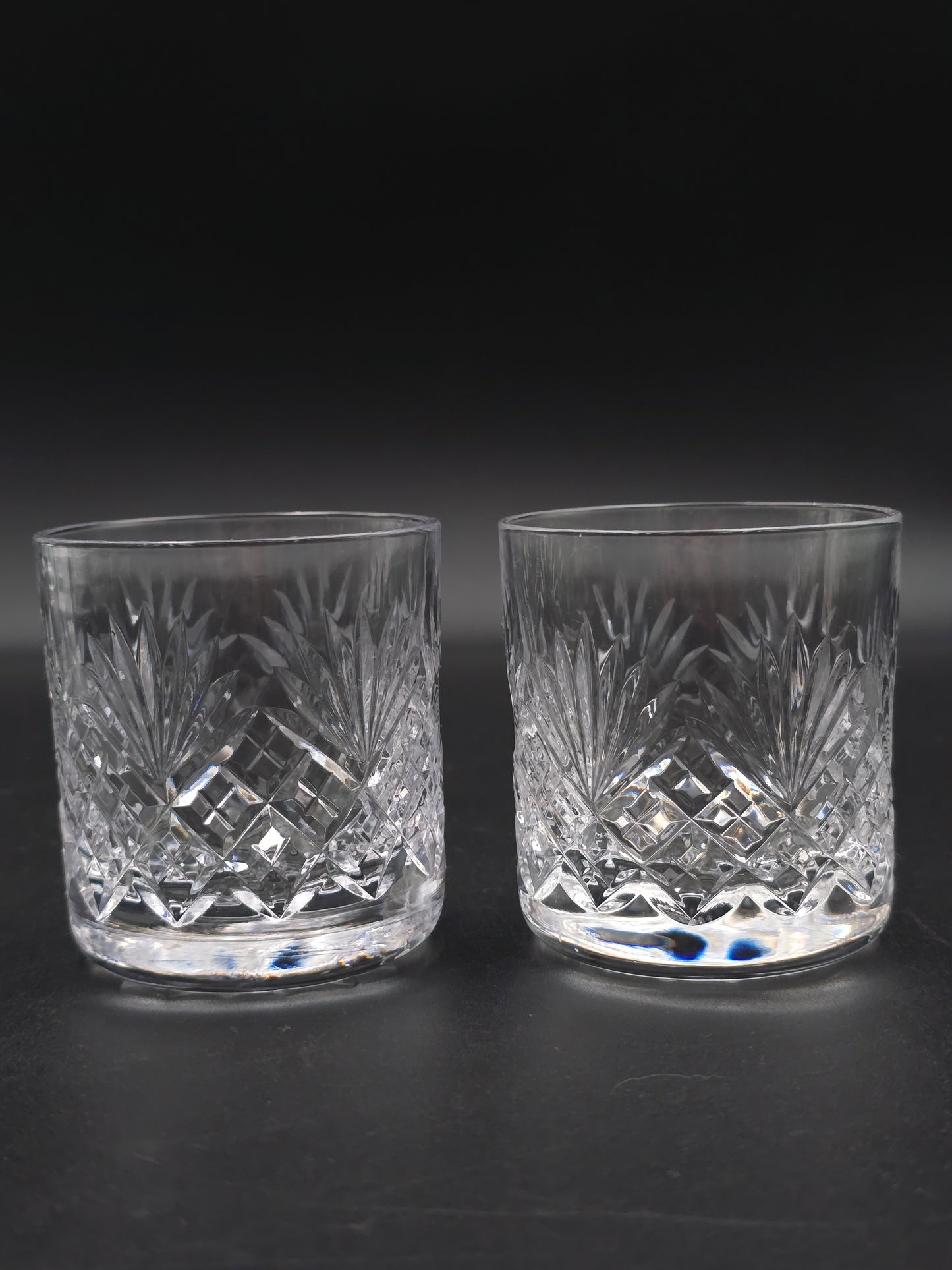 Pair of Royal Doulton (Webb Corbett) “Juno” 6 oz Lead Crystal Tumblers – Fans & Flutes, Star‑cut Base, Original Box