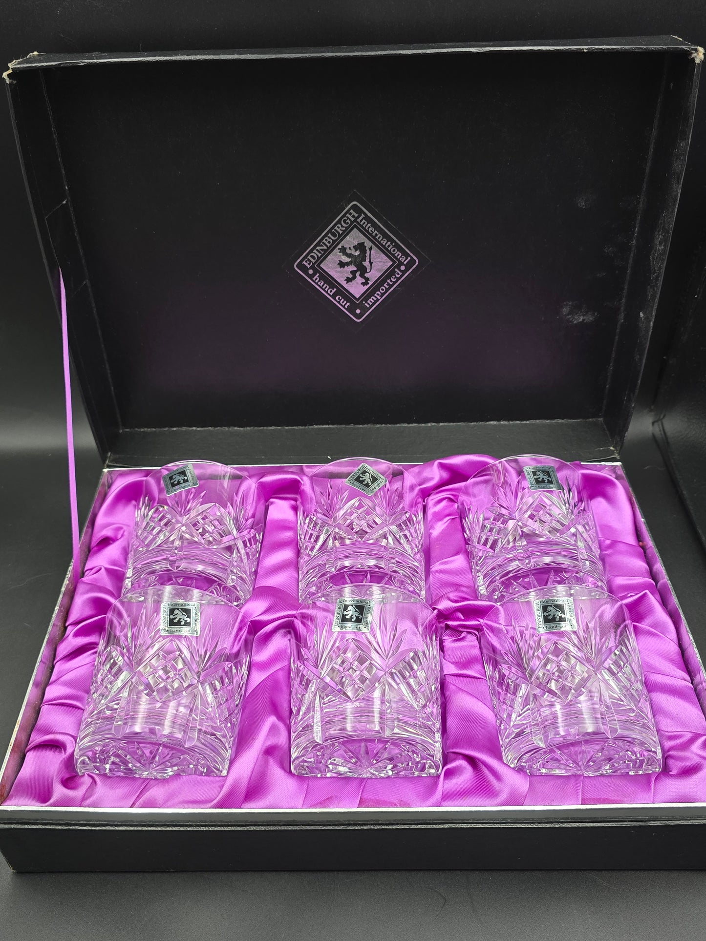 Set of 6 Edinburgh Crystal Embassy 10oz Tumblers – Star Cut Base – Original Box & Stickers – Vintage Glassware