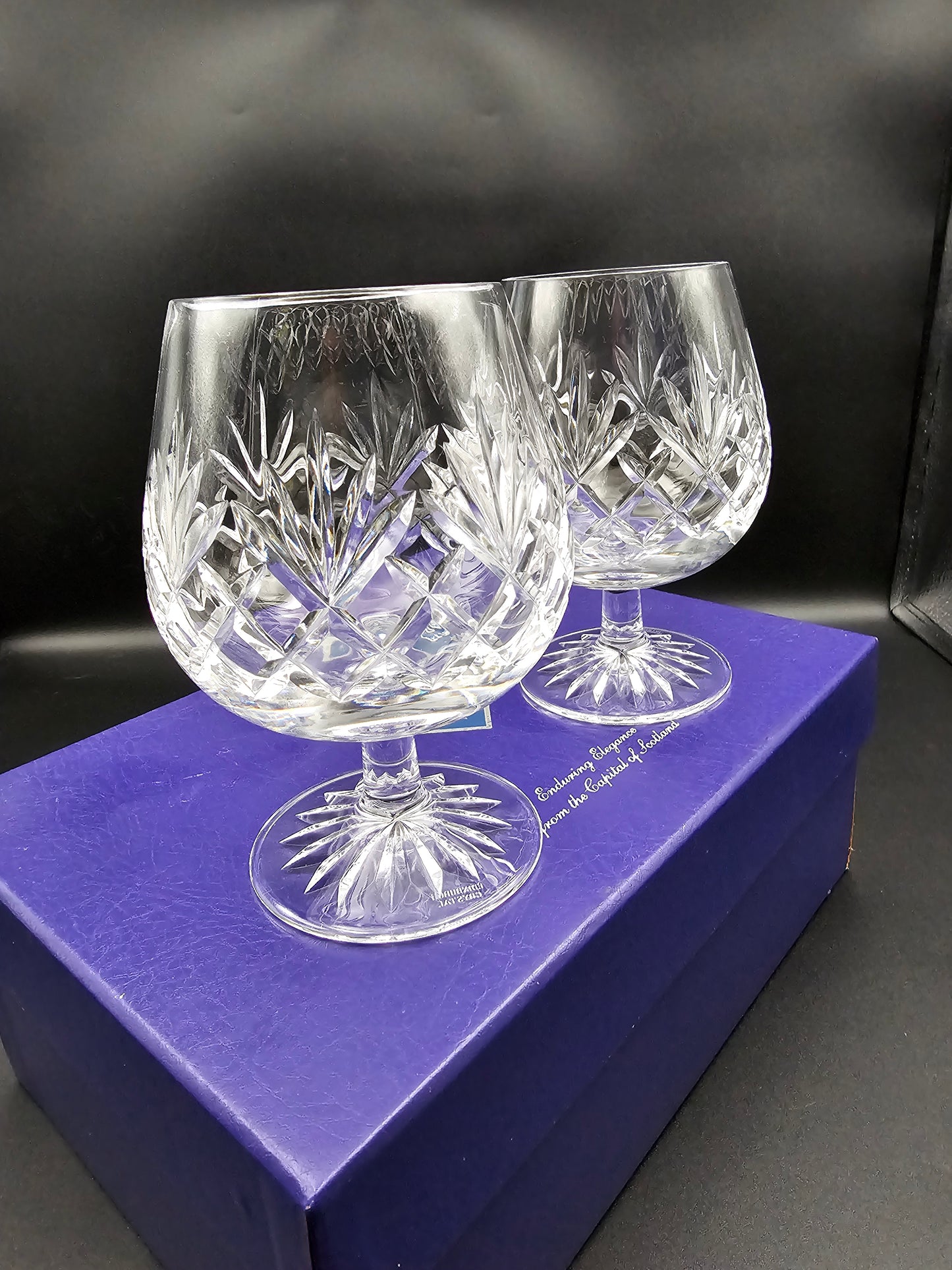 Pair of Edinburgh Crystal Tay Pattern Brandy Glasses 12oz boxed