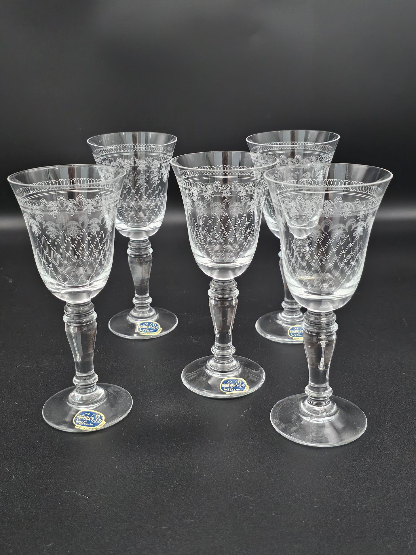 5 Vintage Bohemian Pall Mall pattern liqueur or Sherry glasses. 100ml