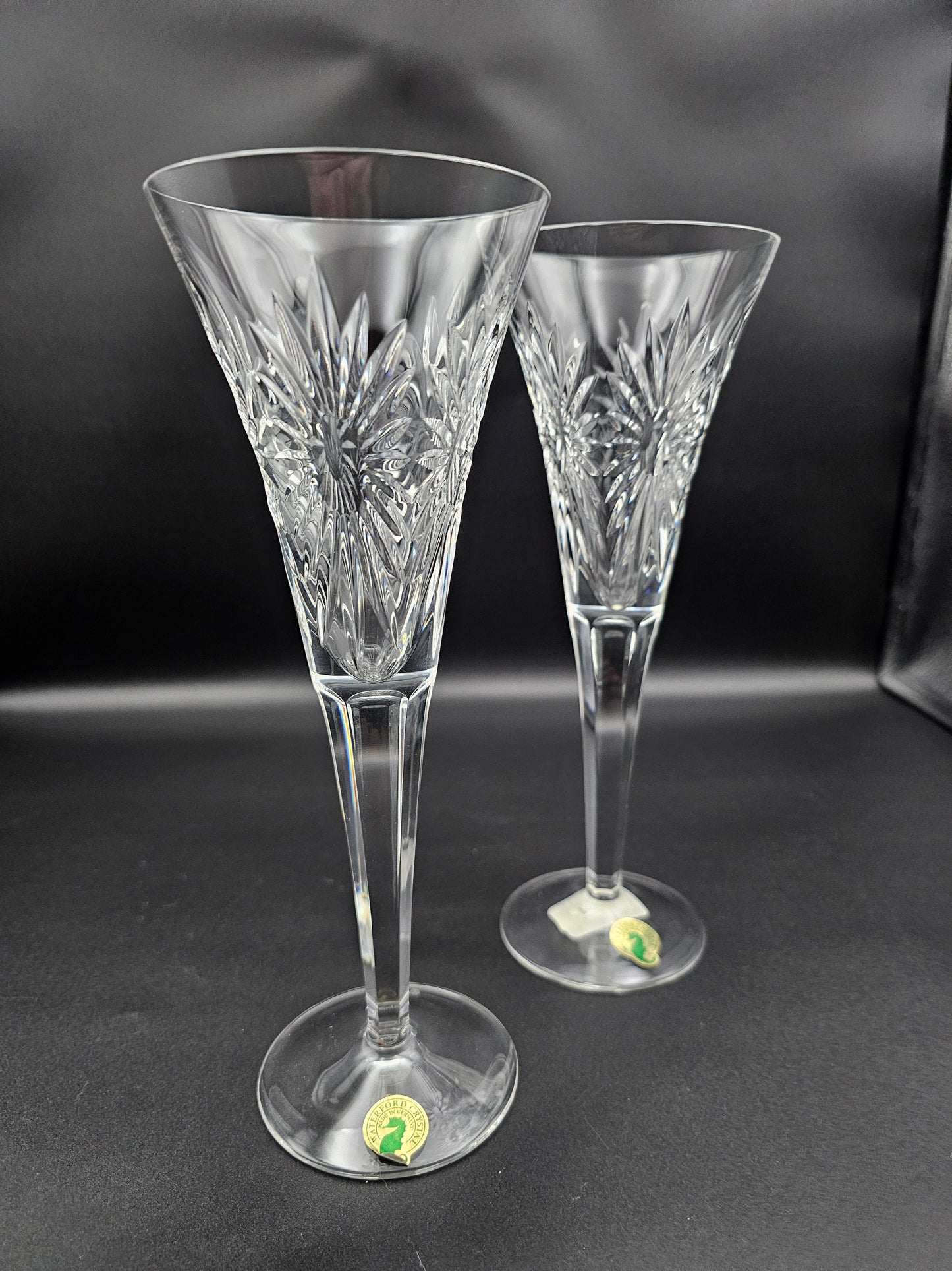 Waterford Crystal Champagne Pair of trumpet flutes.The Millennium Collection a toast to the year 2000.Third Toast Health. 23.5cm tall