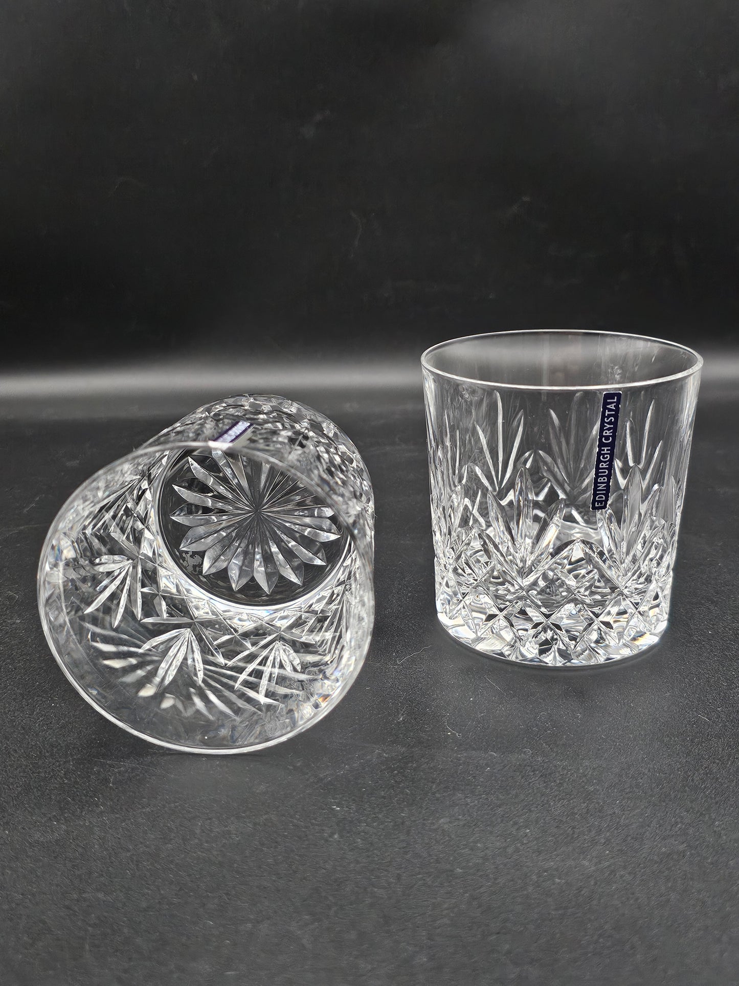 Pair of Edinburgh Crystal Tay Pattern 9oz Whisky Tumblers with lables Boxed