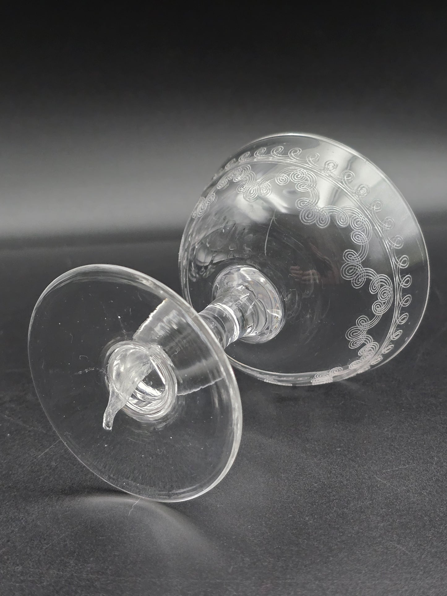 Set of 4 Edwardian Crystal Champagne Coupes – 200ml, Etched Swirl Design, Ball Stem, c.1900s