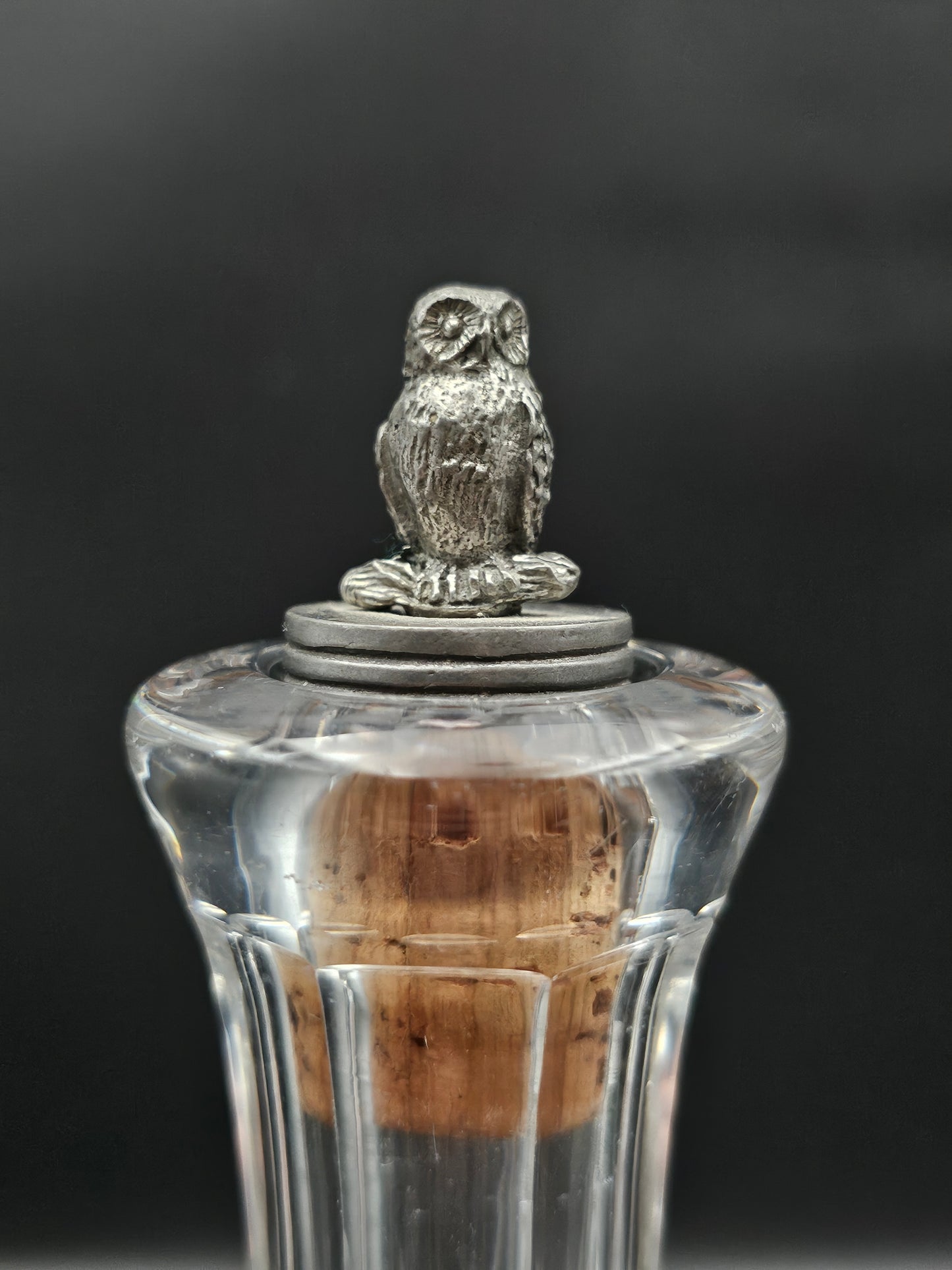 Pair of Small Vintage Decanters with Owl stoppers. 375ml. 20cm tall