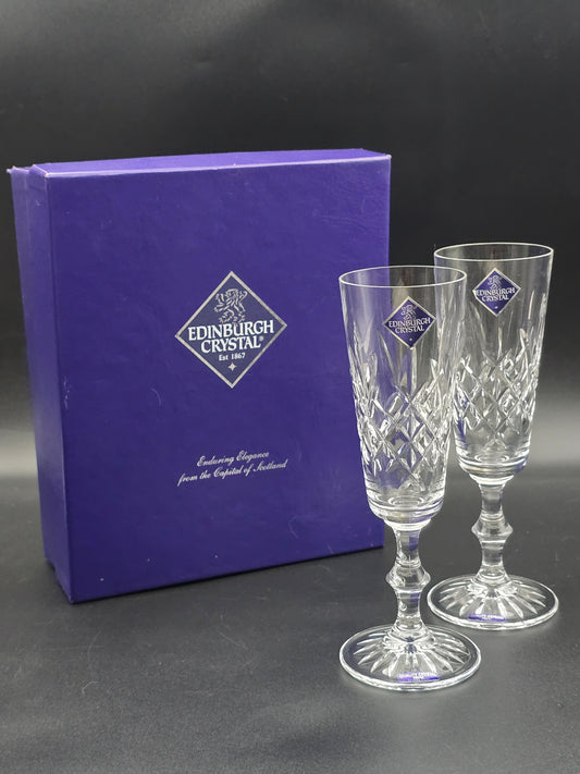 Pair of Edinburgh Crystal Lomond Pattern Crystal Champagne Flutes. 150ml. 19.5cm tall. Boxed.