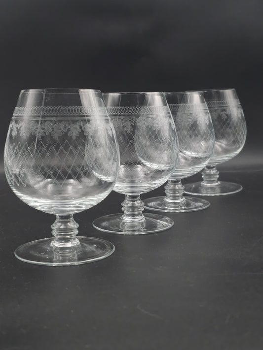 Set of 4 large, fine etched Crystal Brandy glasses. 13oz