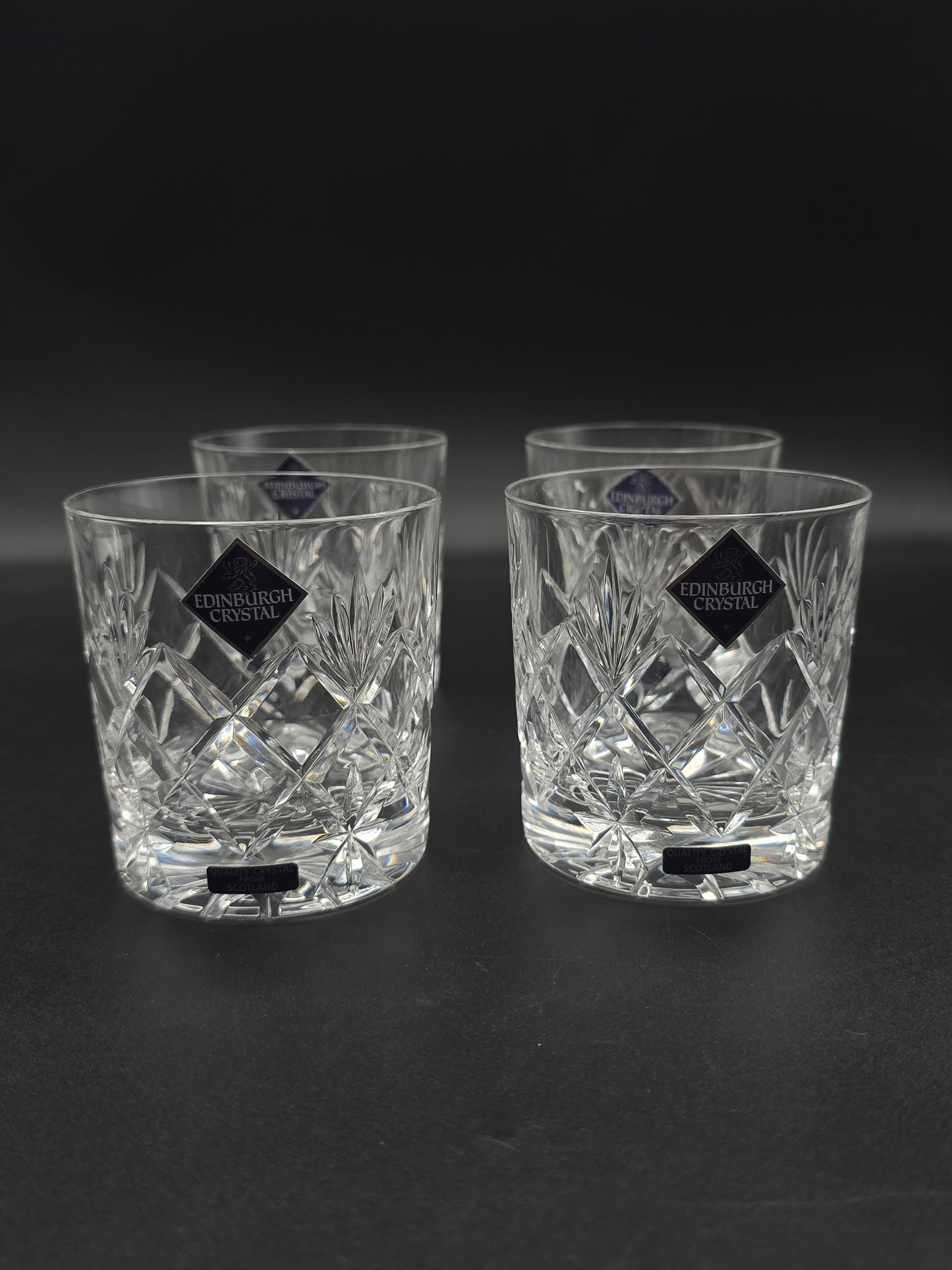 Set of 4 Edinburgh Crystal Kelso 10 oz Tumblers – Star‑Pattern Base, Boxed & Stickered, Scottish Cut Glass