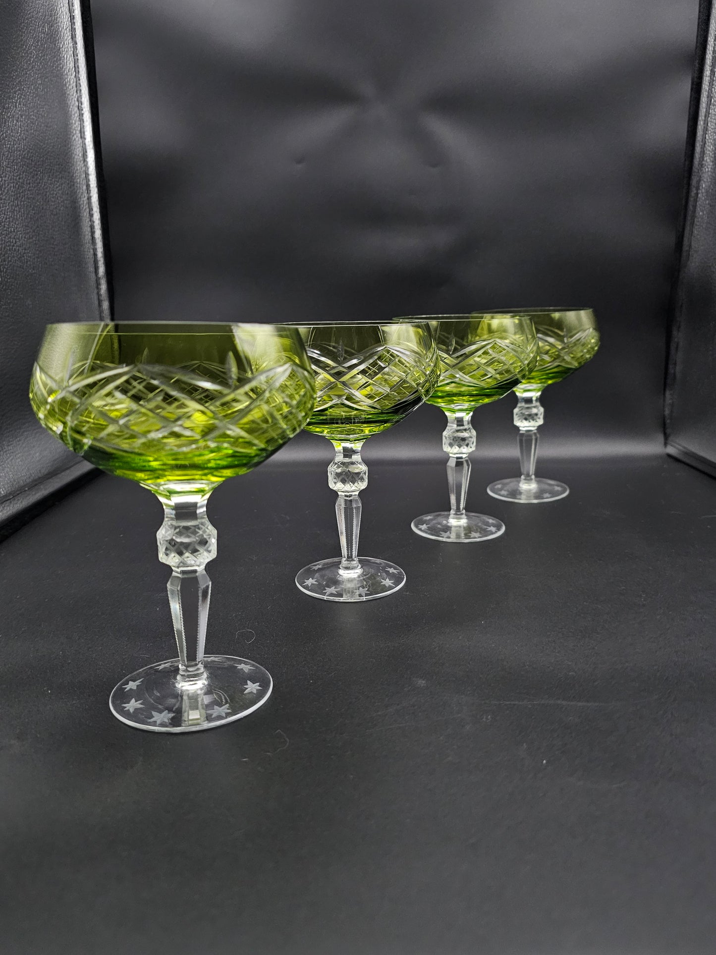 Set of 4 Overlay Green Crystal Coupe glasses