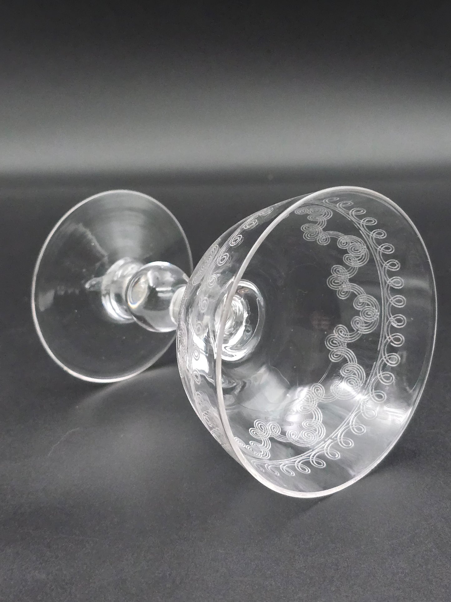 Set of 4 Edwardian Crystal Champagne Coupes – 200ml, Etched Swirl Design, Ball Stem, c.1900s