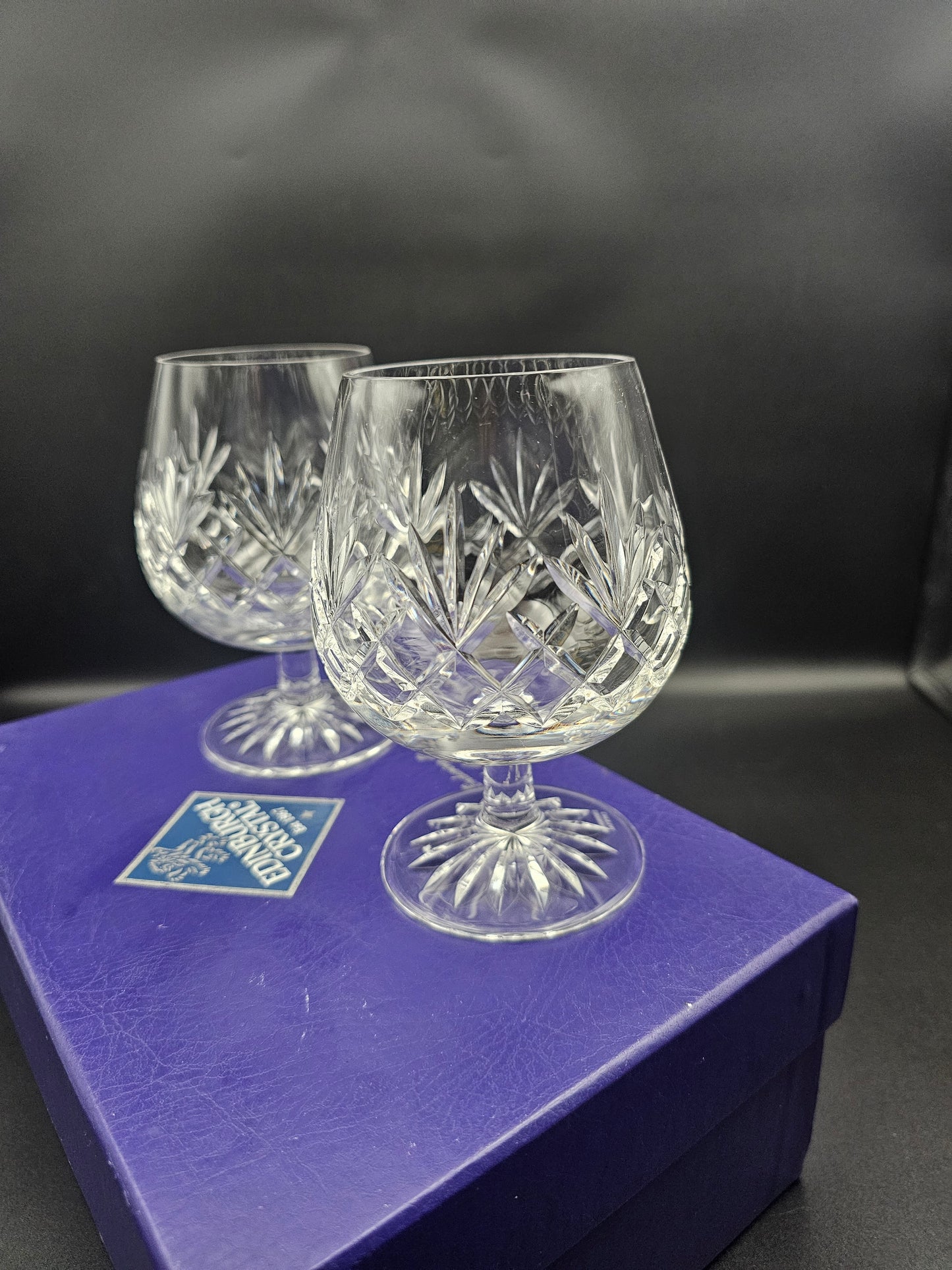 Pair of Edinburgh Crystal Tay Pattern Brandy Glasses 12oz boxed