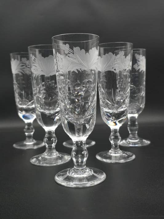 Set of 6 Royal Brierley Honeysuckle Crystal Champagne Flutes. 175ml. 17cm tall