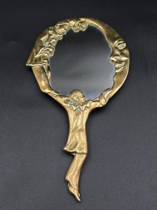 Vintage Dallas Rhyne "Pierrot & Moon" Brass Hand Mirror – Art Deco-Style Clown Vanity Mirror – Mid‑20th C Brass Decor