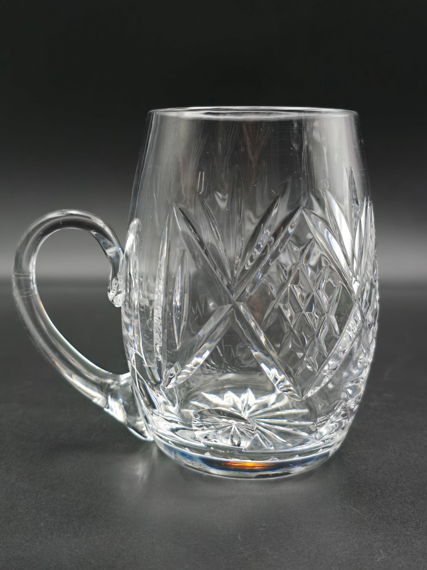 Vintage Oval Crystal Beer Tankard – Cut Glass with Star Base, Flutes & Cross Hatch – Heavy Unmarked Barware