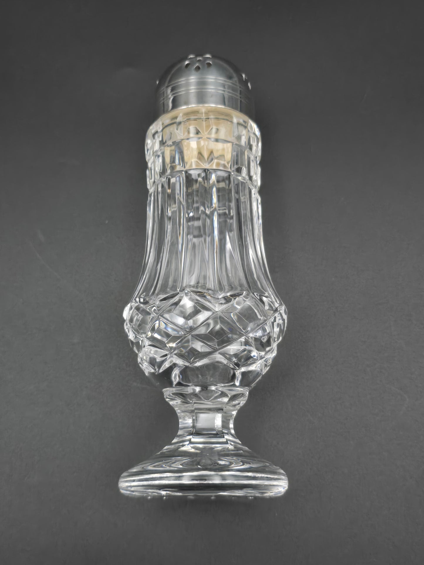 Large Vintage cut glass sugar shaker. 20cm tall.