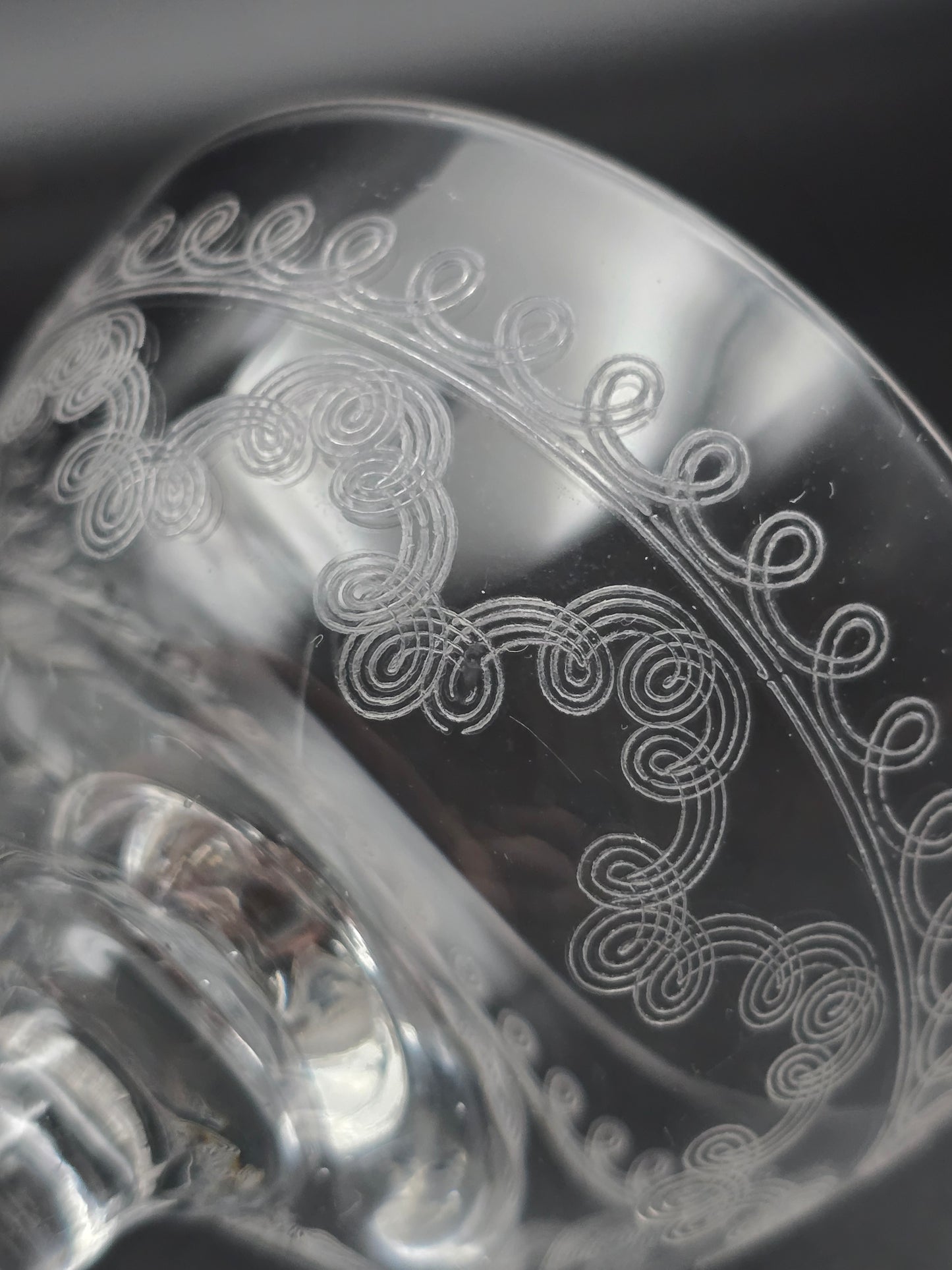 Set of 4 Edwardian Crystal Champagne Coupes – 200ml, Etched Swirl Design, Ball Stem, c.1900s