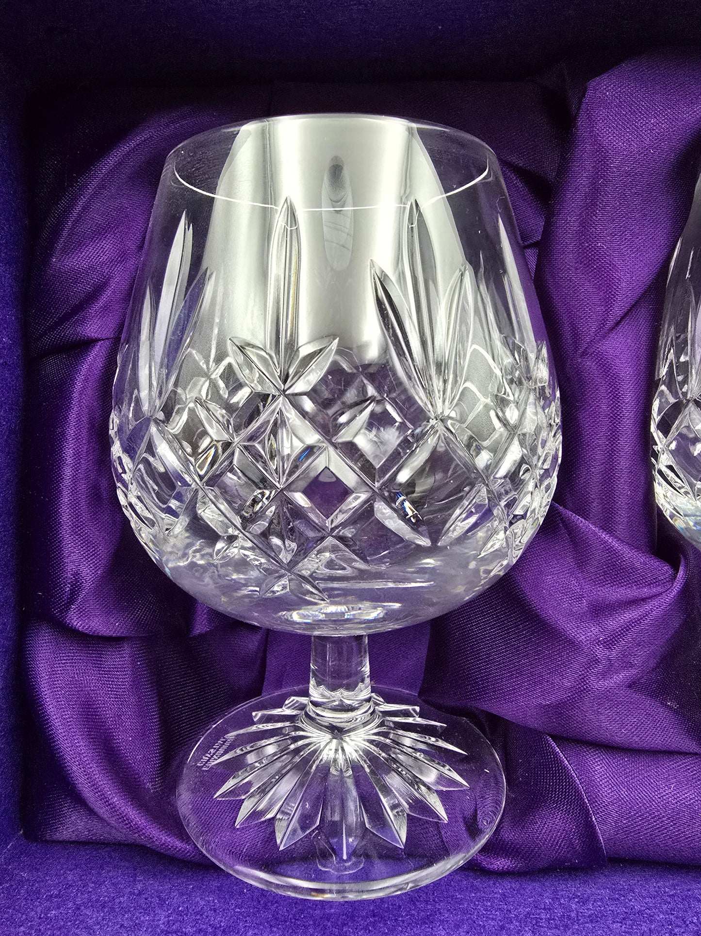 Pair of Vintage Edinburgh Crystal Lomond Pattern Brandy Glasses 12oz, Star Cut Base, Boxed, 12.7cm Tall