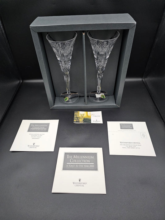 Waterford Crystal The Millennium Collection a toast to the Year 2000 Toasting Flutes Pair. Fourth Toast Prosperity