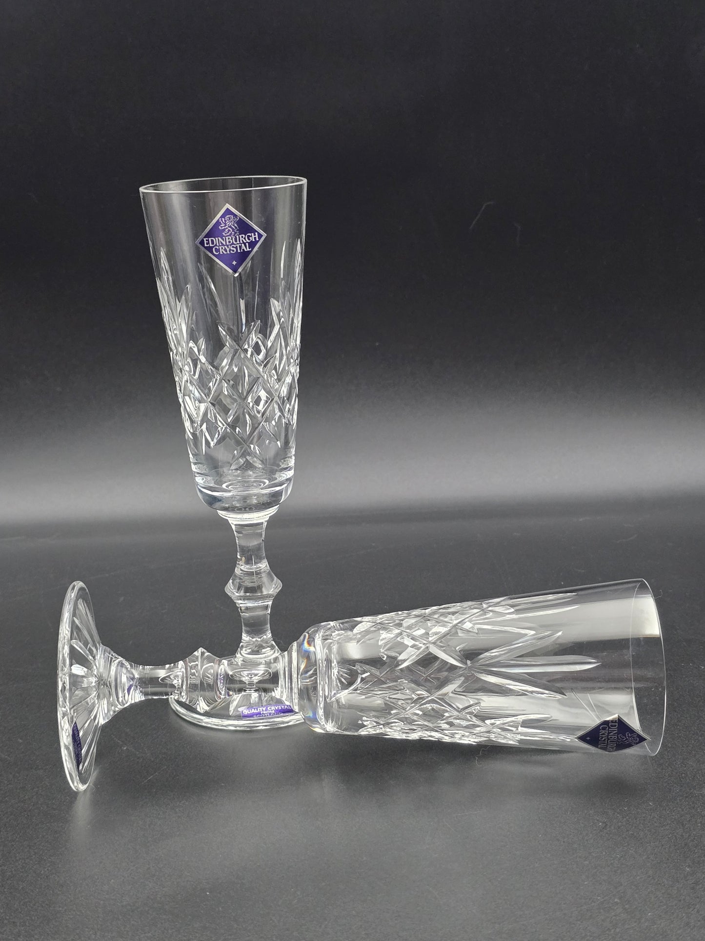 Pair of Edinburgh Crystal Lomond Pattern Crystal Champagne Flutes. 150ml. 19.5cm tall. Boxed.