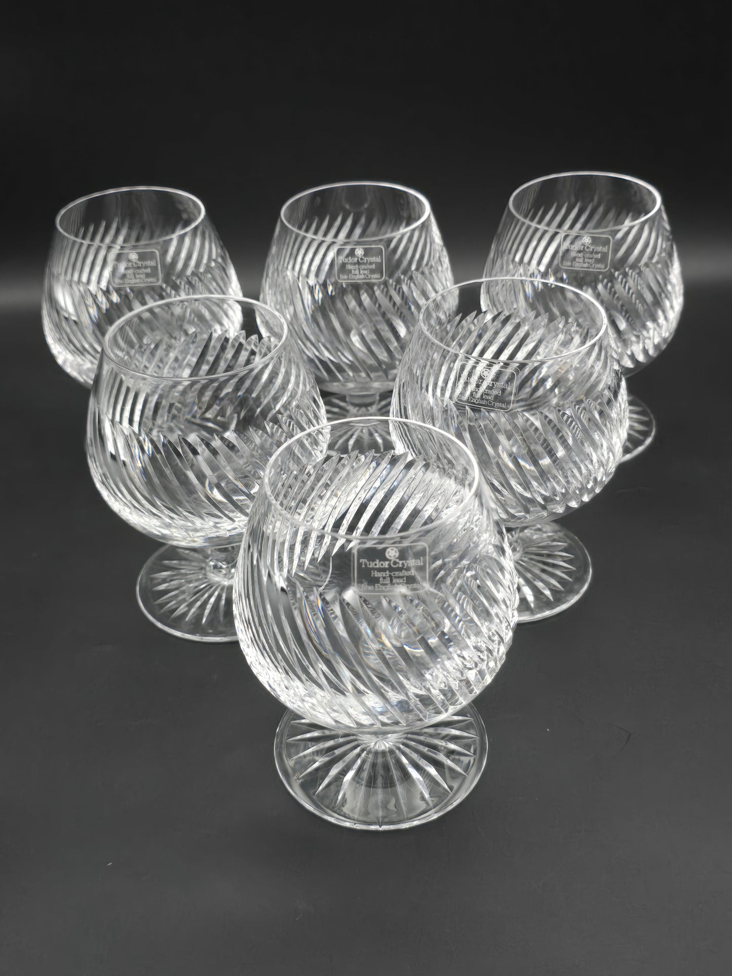 Set of 6 Tudor Crystal Aquitaine Pattern brandy glasses. 10oz