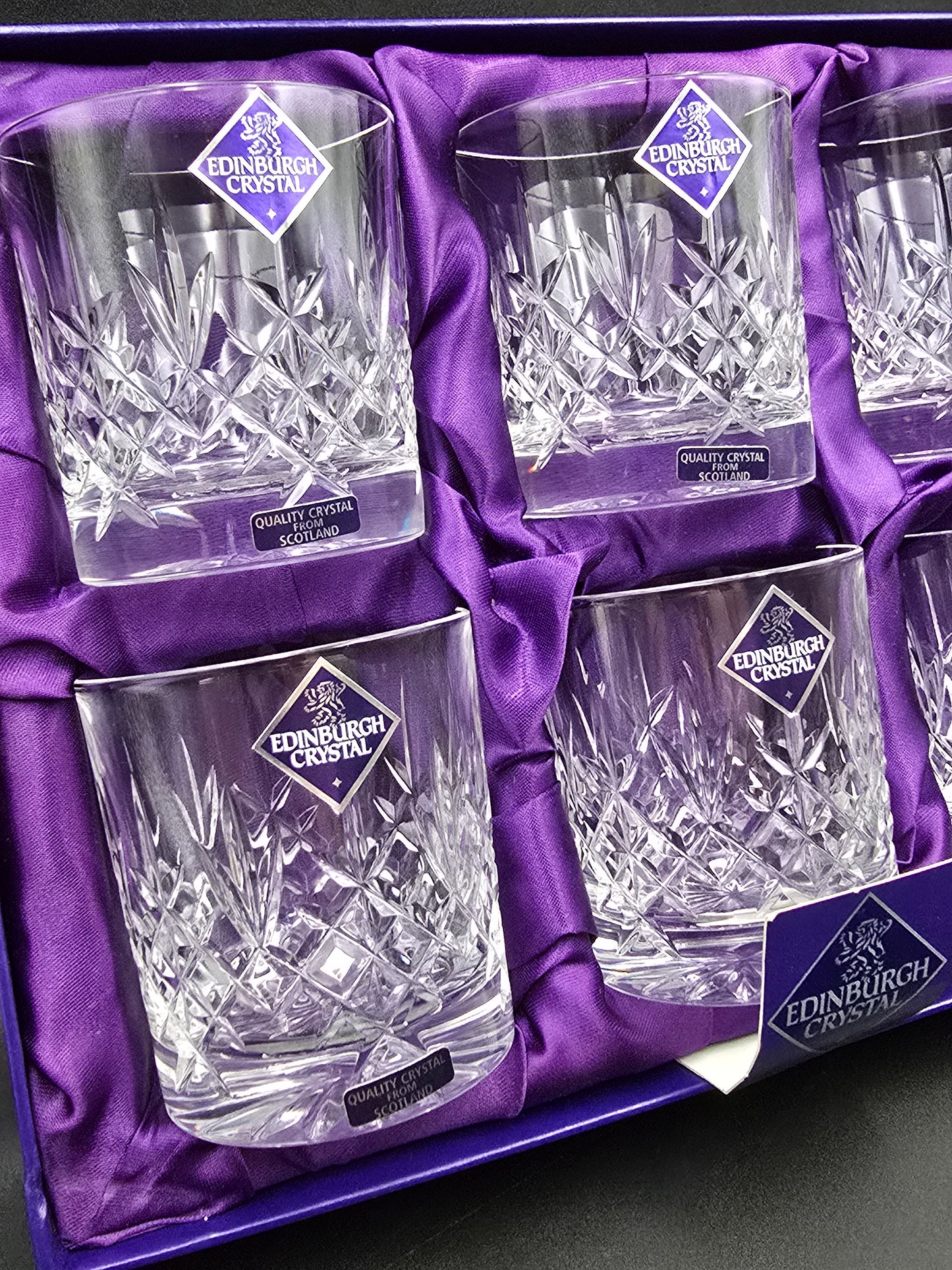 Set of 6 Vintage Edinburgh Crystal Lomond Pattern Crystal whisky tumblers. Boxed. 7oz