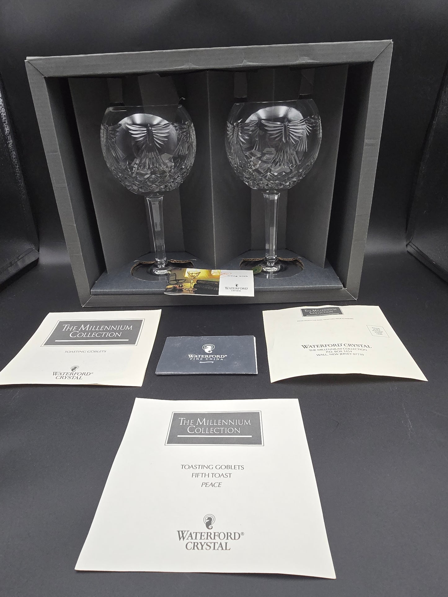 Waterford Crystal The Millennium Collection Toasting Goblets Pair. Fifth Toast - Peace. Boxed