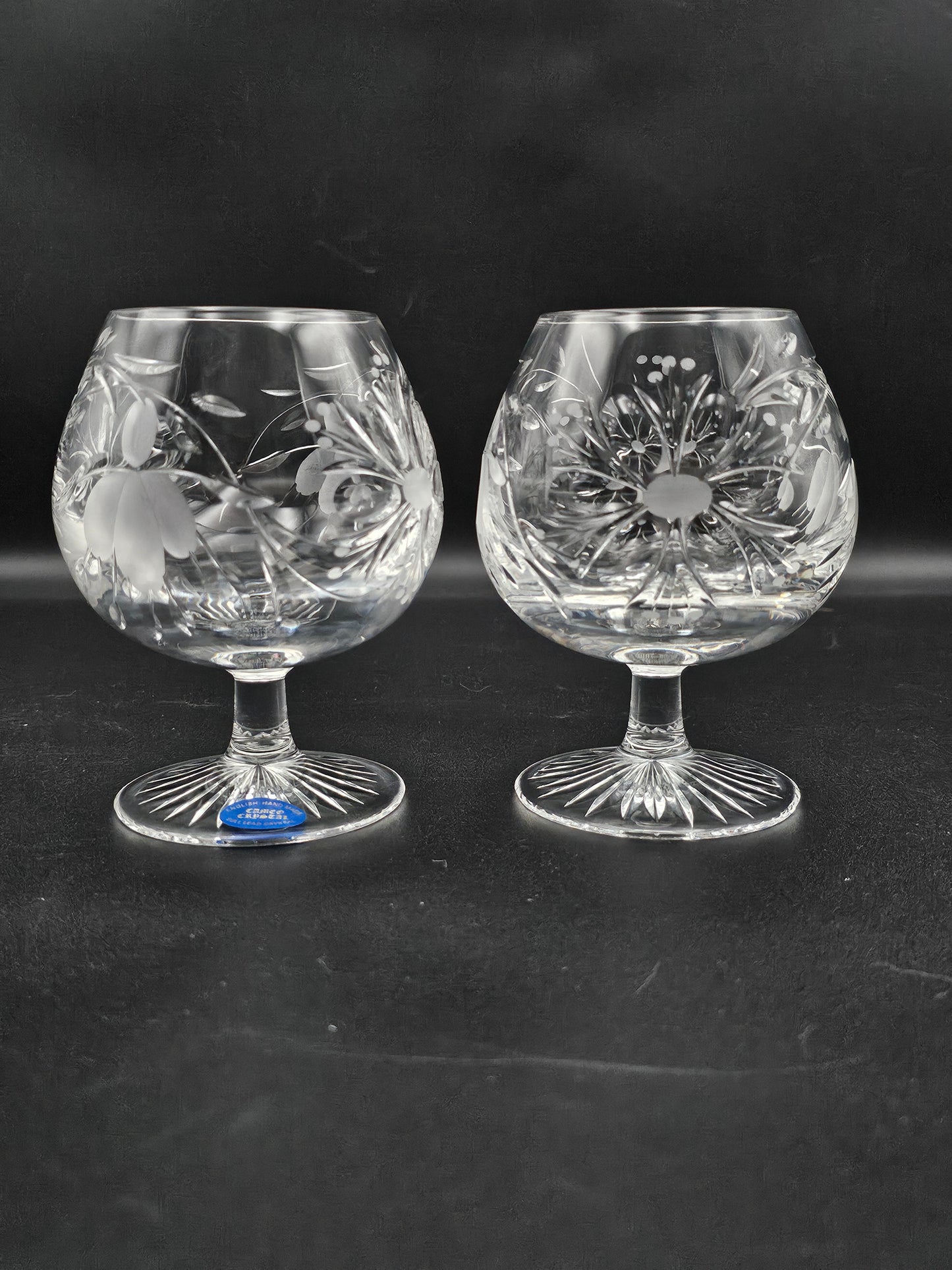 Pair of Cameo Crystal English Handmade Brandy Cognac glasses 10oz