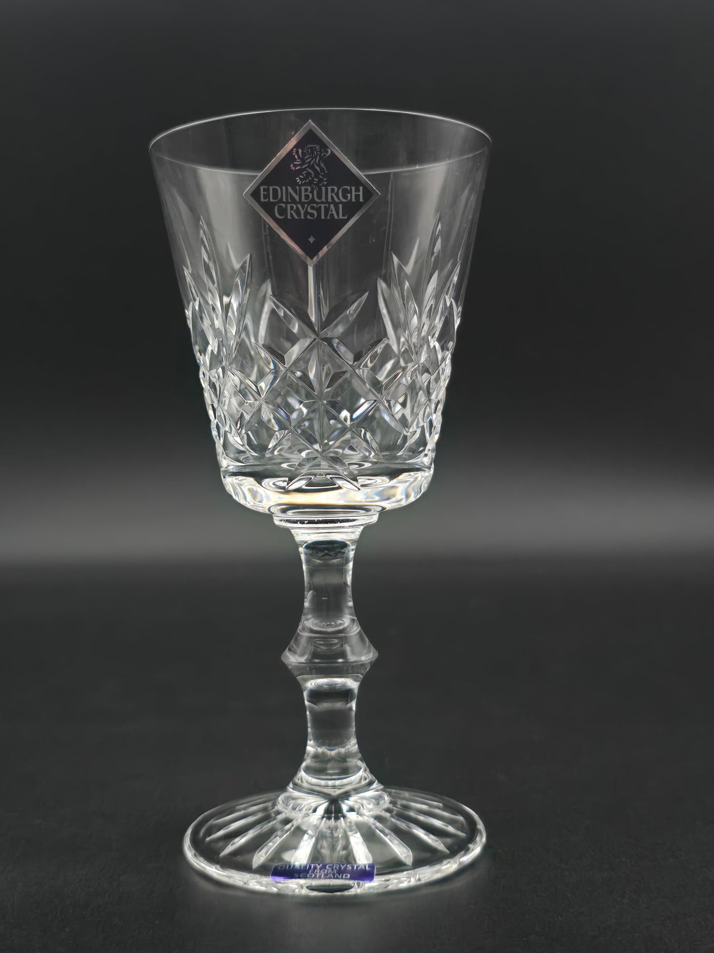 Set of 6 Edinburgh Crystal Lomond‑Pattern Port/Wine Glasses – Knopped Stem, Original Stickers & Box – 125 ml