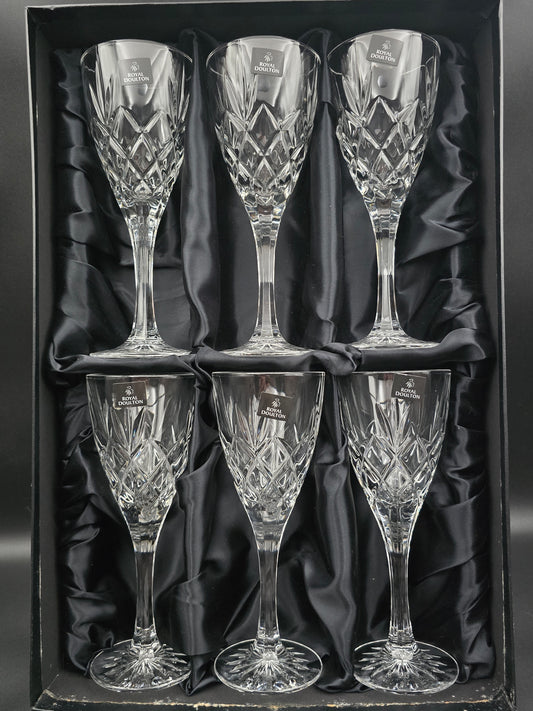 Set of 6 Royal Doulton Canterbury Pattern Crystal wine glasses. 175ml. Boxed